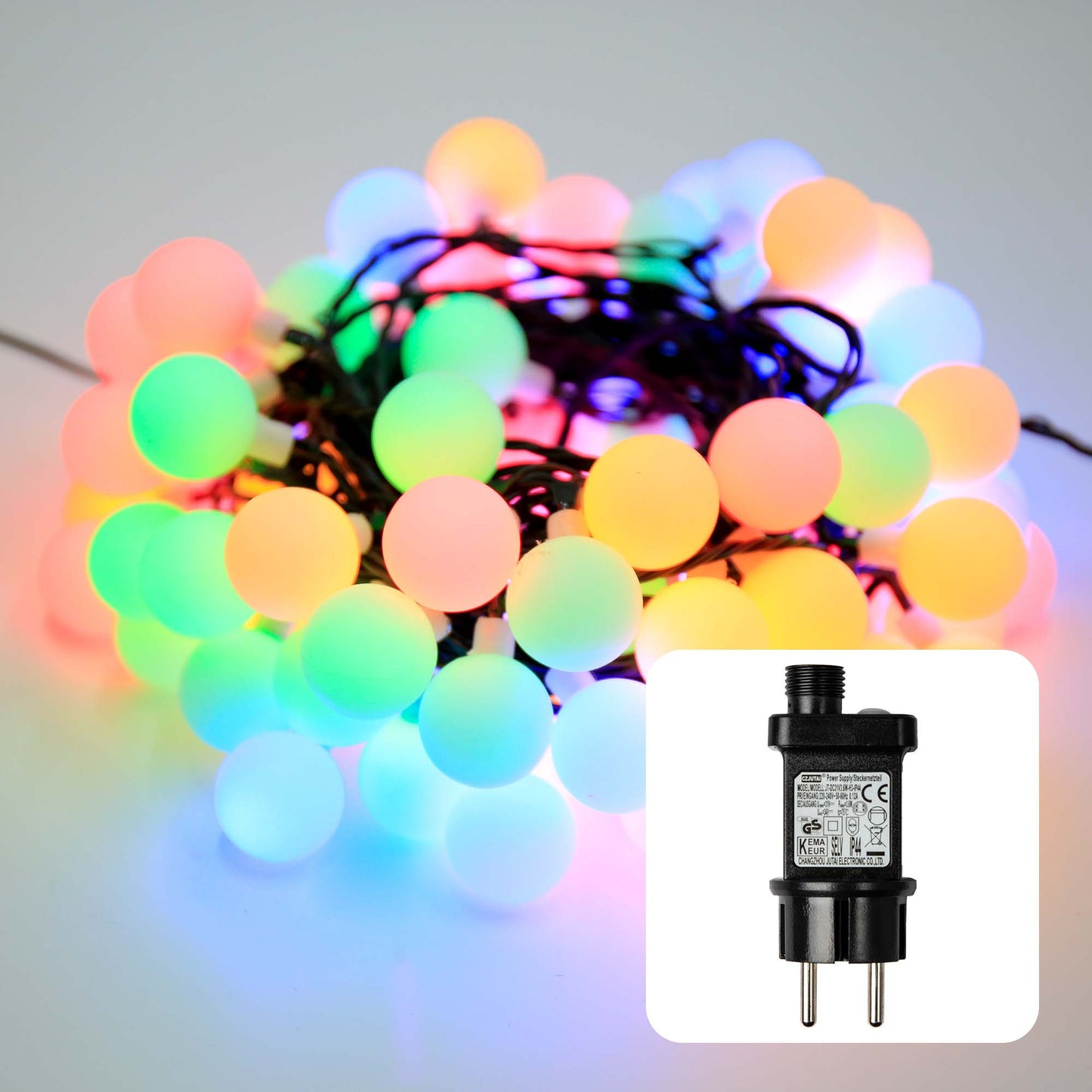 LED - Lichterkette mit Kugeln 100 LEDs bunt, auf Trommel, Außen-Transformator