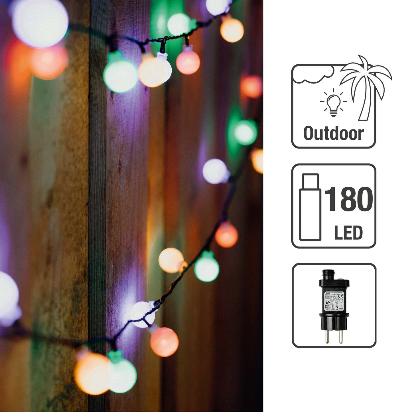 LED - Lichterkette mit Kugeln 100 LEDs bunt, auf Trommel, Außen-Transformator