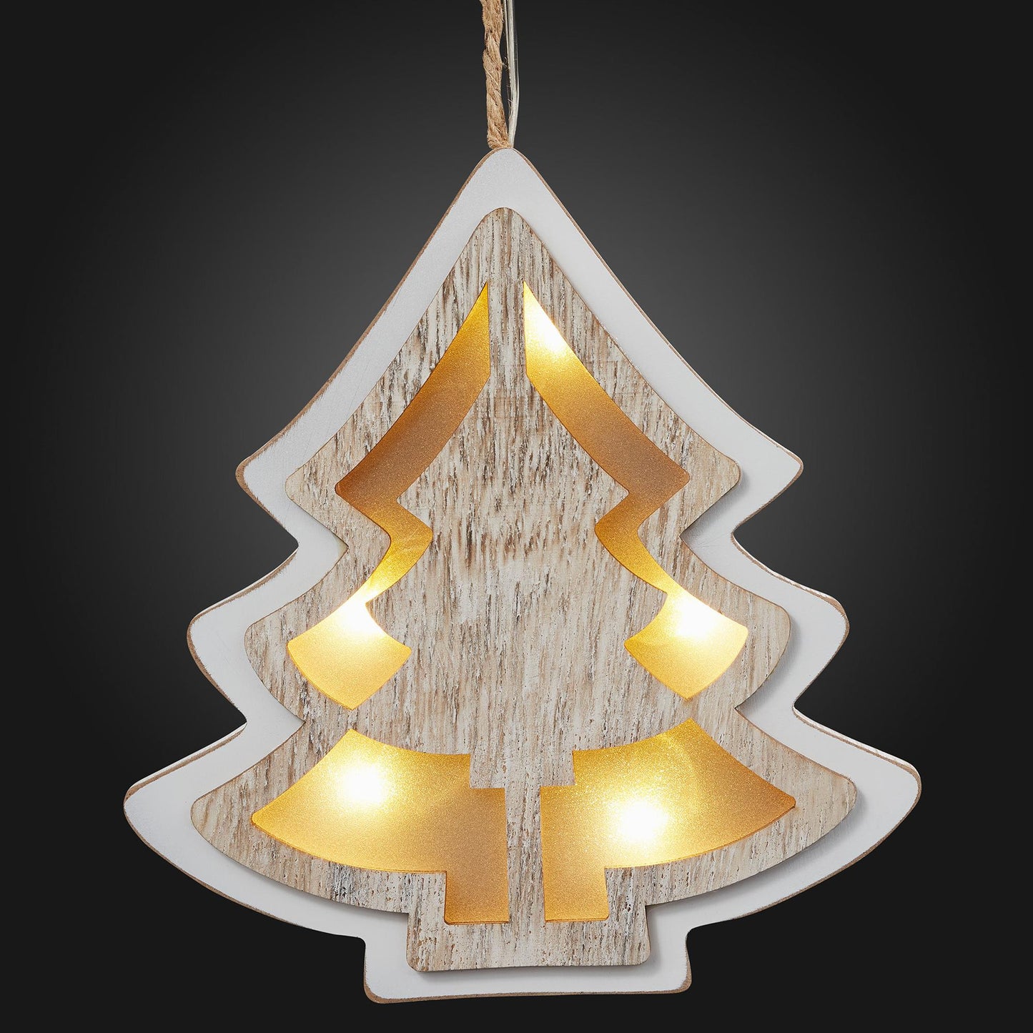 LED-Tannenbaum, weiß gebeizt, zum Hängen,, 5 LEDs ww, batteriebetrieben