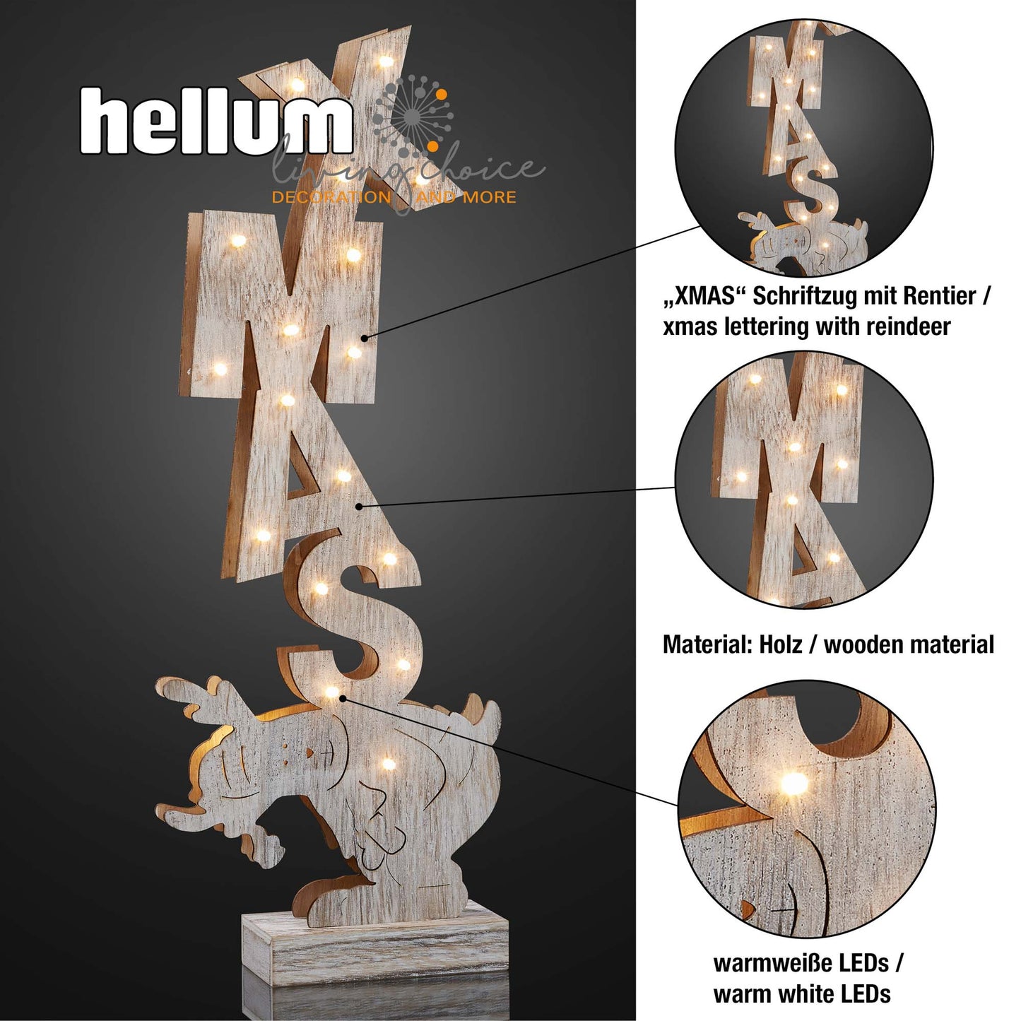 LED-Rentier aus Holz "Xmas", 18 LEDs warm-weiß, batteriebetrieben