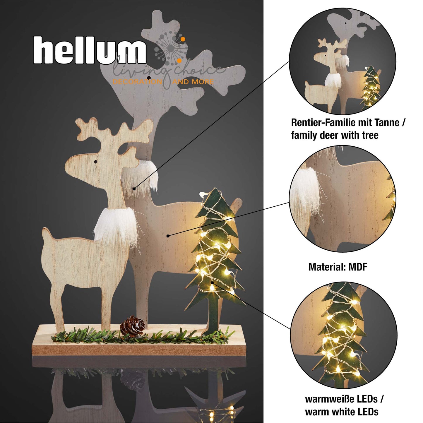 LED Holz-Rentier-Familie, 10 LEDs ww, 17x7x27 cm, mit Timer, batteriebetrieben
