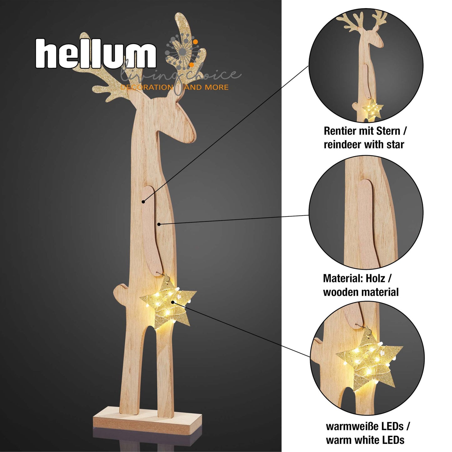 LED Holz-Rentier mit Stern, 5 LEDs ww, H: 44 cm, mit Timer, batteriebetrieben