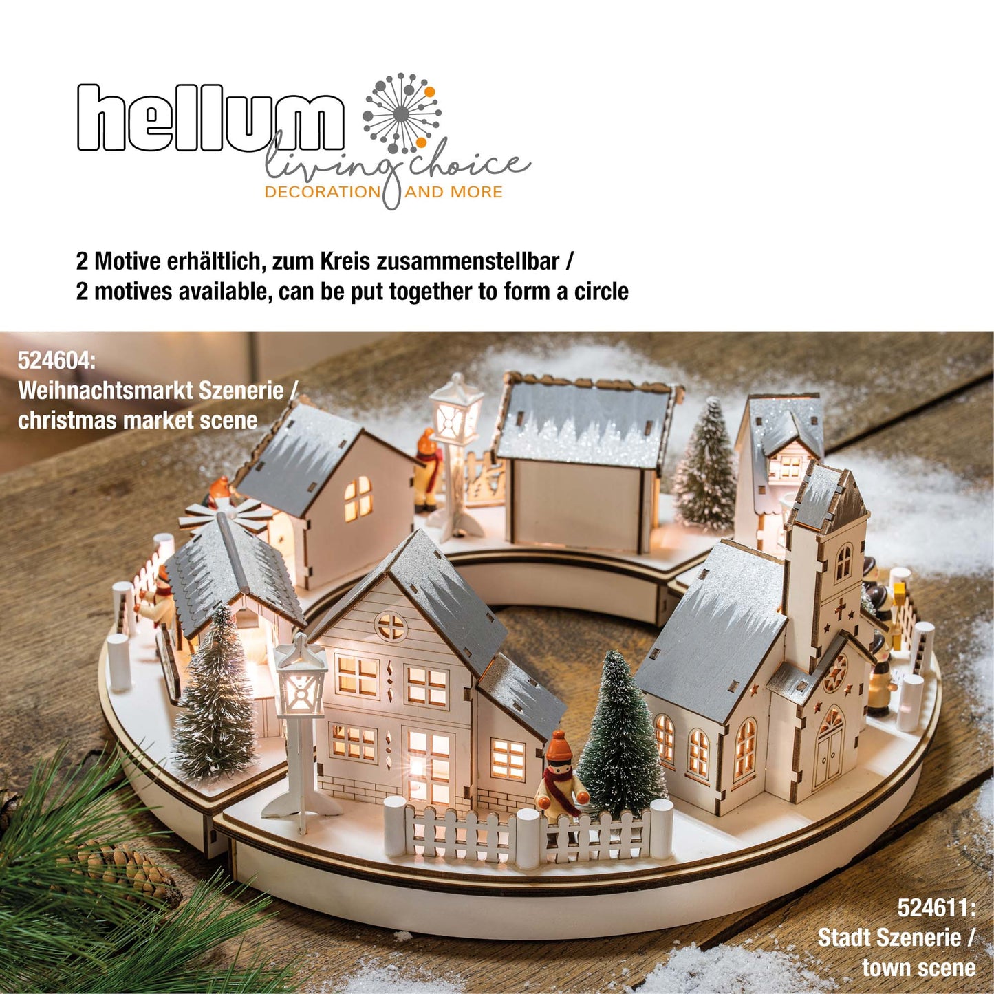 LED- Holz Stadt-Szenerie im Halbkreis, 8 LEDs ww, 39x8x18,5cm, mit 6 h Timer, batteriebetrieben.