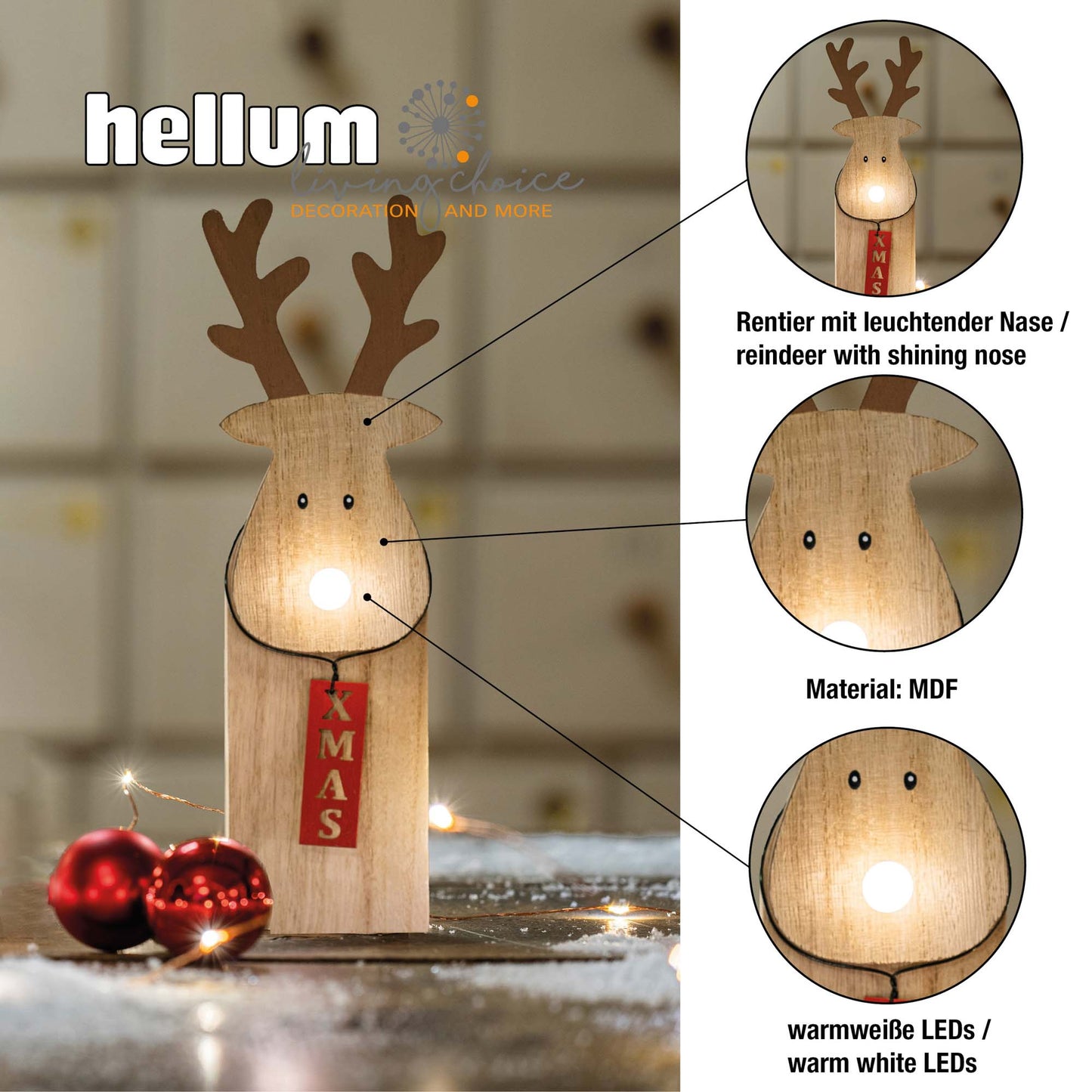 LED-Holz-Rentier mit leuchtender Nase, 1 LED ww, mit 6 h Timer, batteriebetrieben