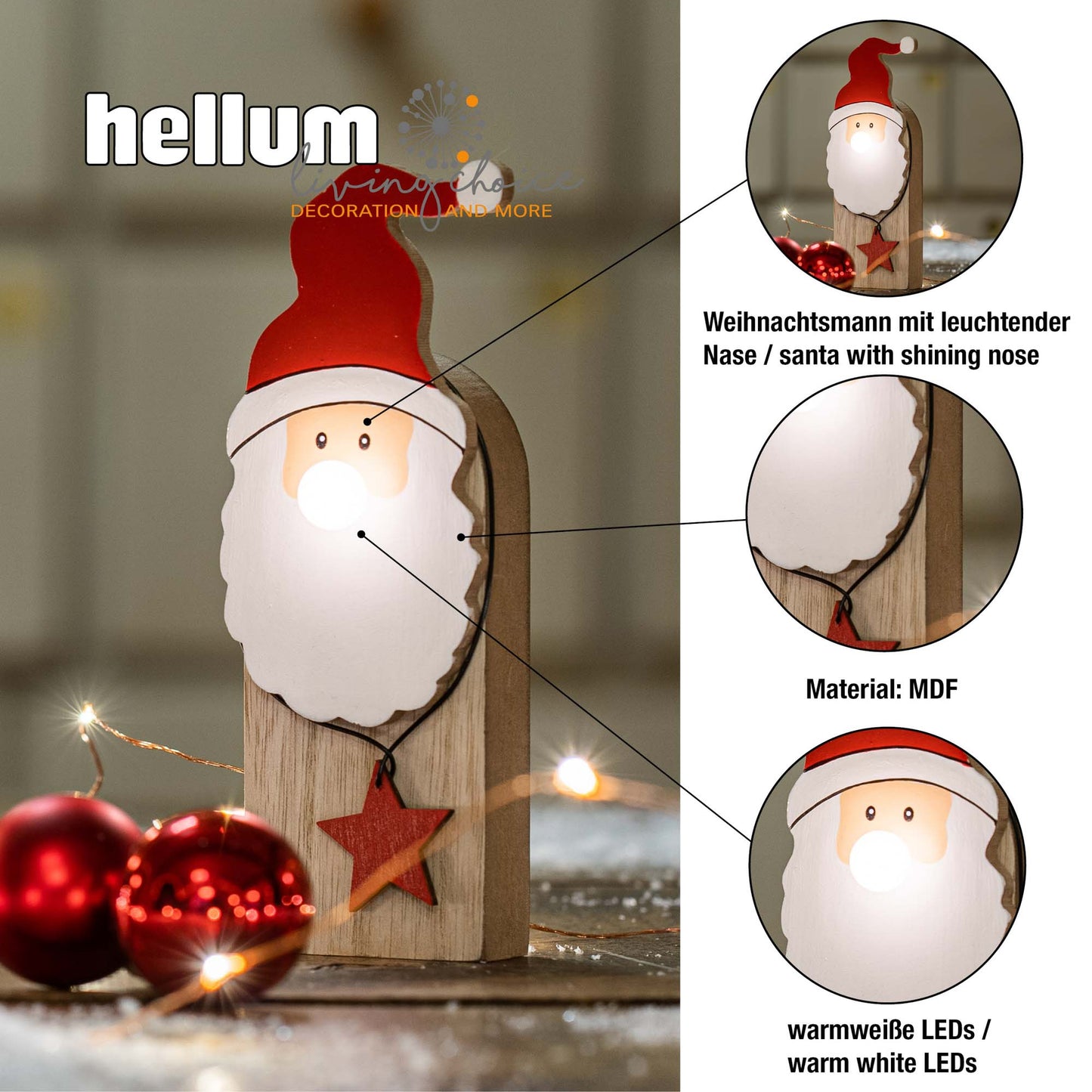 LED-Holz-Weihnachtsmann mit leuchtender Nase, 1 LED ww, mit 6 h Timer, batteriebetrieben