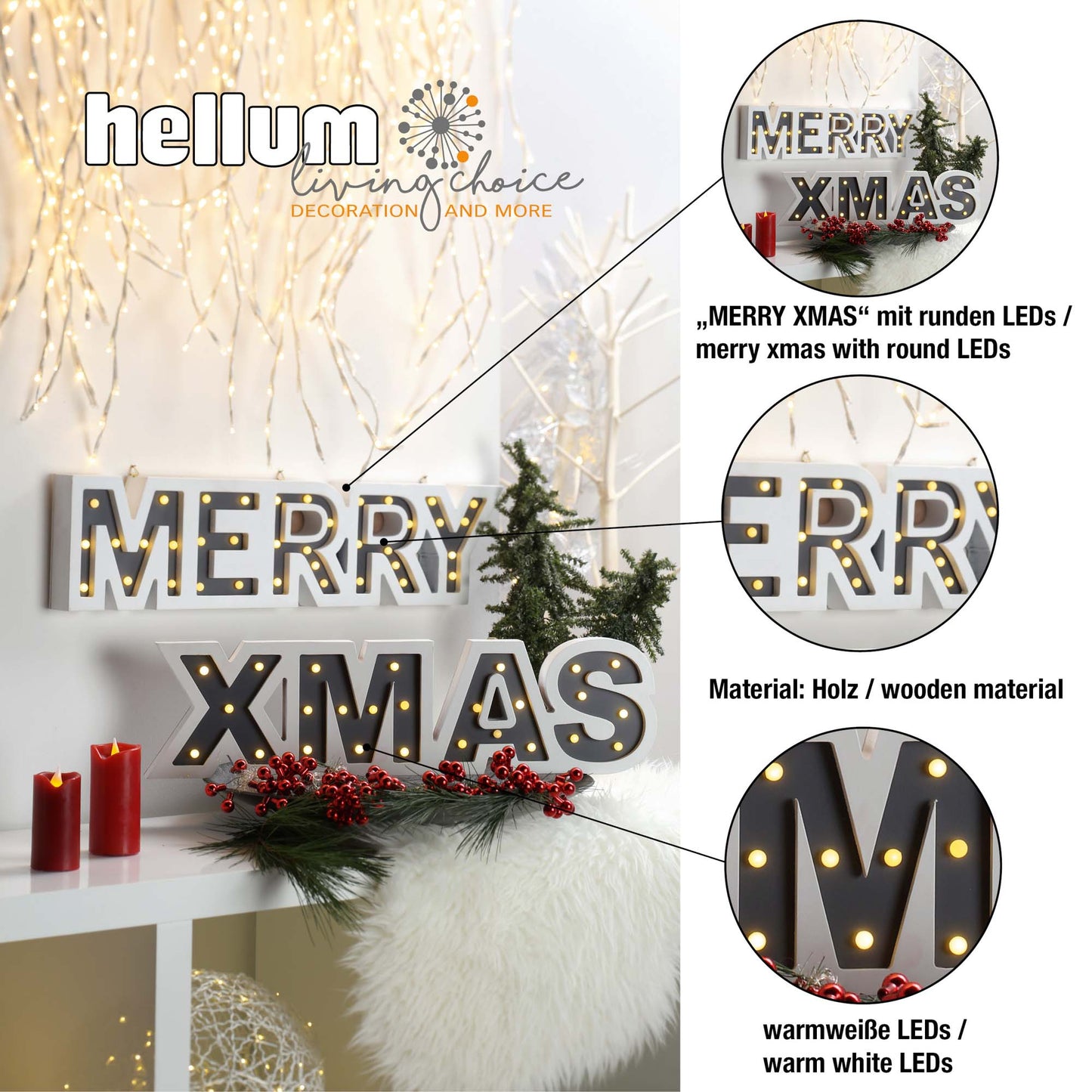 Set bestehend aus LED-Holzschilder "Merry" und "X-Mas", batteriebetrieben