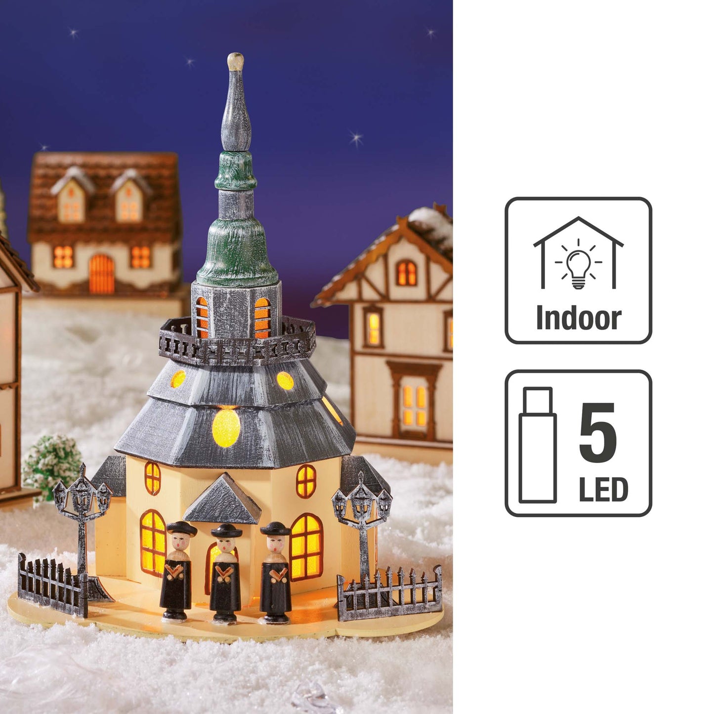 LED-Holzkirche m. Sängern, 5 LEDs ww, 21x20x29cm, Innen-Trafo