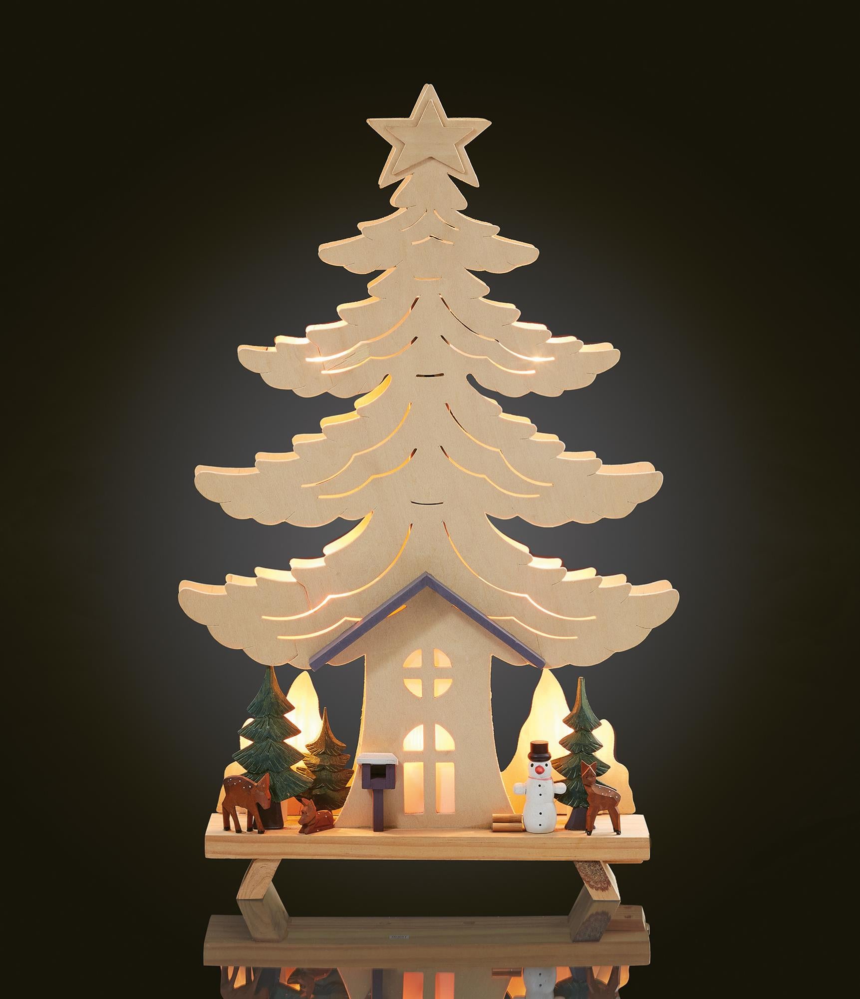 LED Haus, Baum, Schneemann mit Waldtieren innen, 10 LED warmweiß, 34x6 – Hellum Direkt