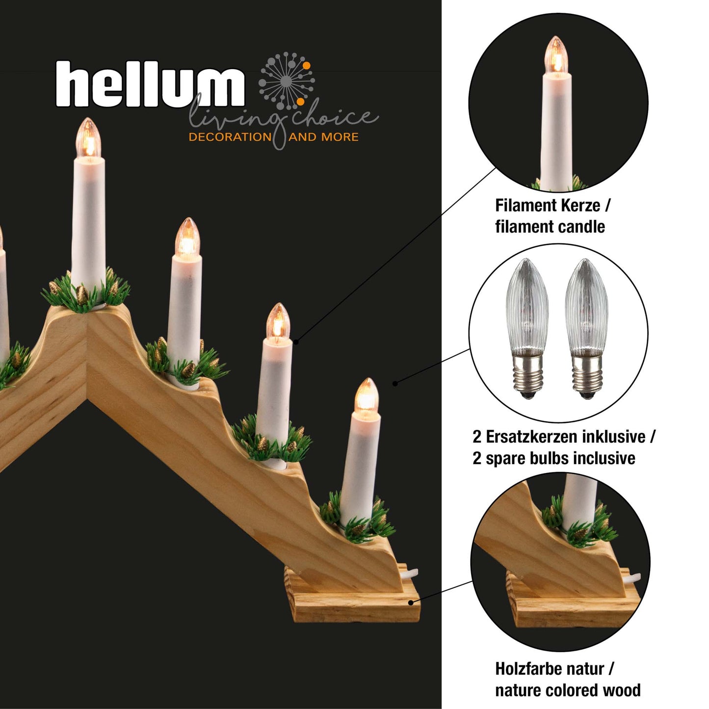 7-tlg. Holzleuchter, natur, 1,5m Zuleitung, Kabel weiß