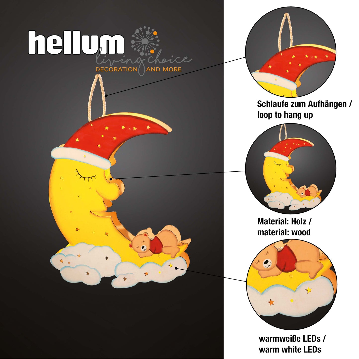 LED-Holzmond mit schlafenden Bär, batteriebetrieben 574036
