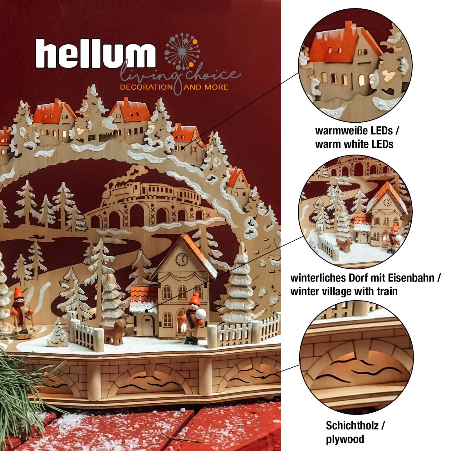 LED-Holzleuchter „Winterliche Dorfszene mit Eisenbahn“, mit 6h-Timer, batteriebetrieben