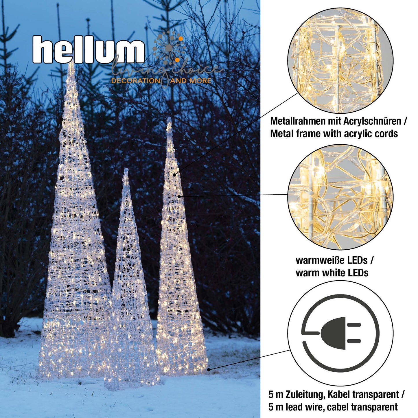 LED-Acryl-Pyramide, 90 LEDs ww, H: 90 cm Außen-Transformator