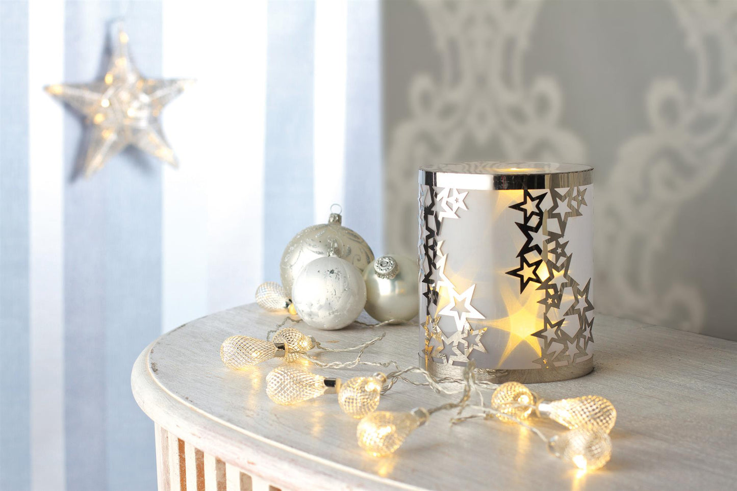 LED-Metall-Säule rund, Sterne+ 3D-Folie, 5 LEDs ww, batteriebetrieben
