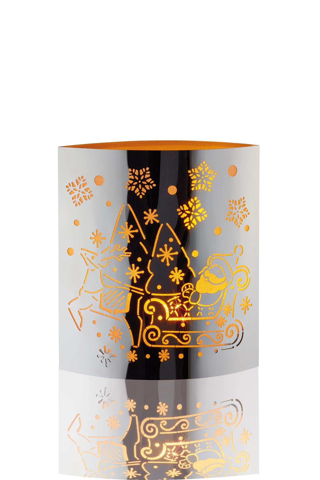 LED-Metall-Dekolicht oval, Weihnachtsmann- + Schlitten, gelbe LED, batteriebetrieben