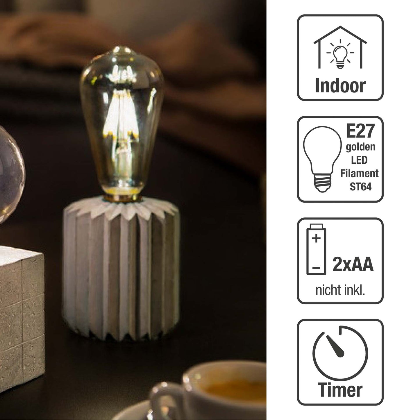Tisch-Lampe "Zahnrad" mit Zement-Sockel, LED-Filament-Lampe, 6h Timer, batteriebetrieben
