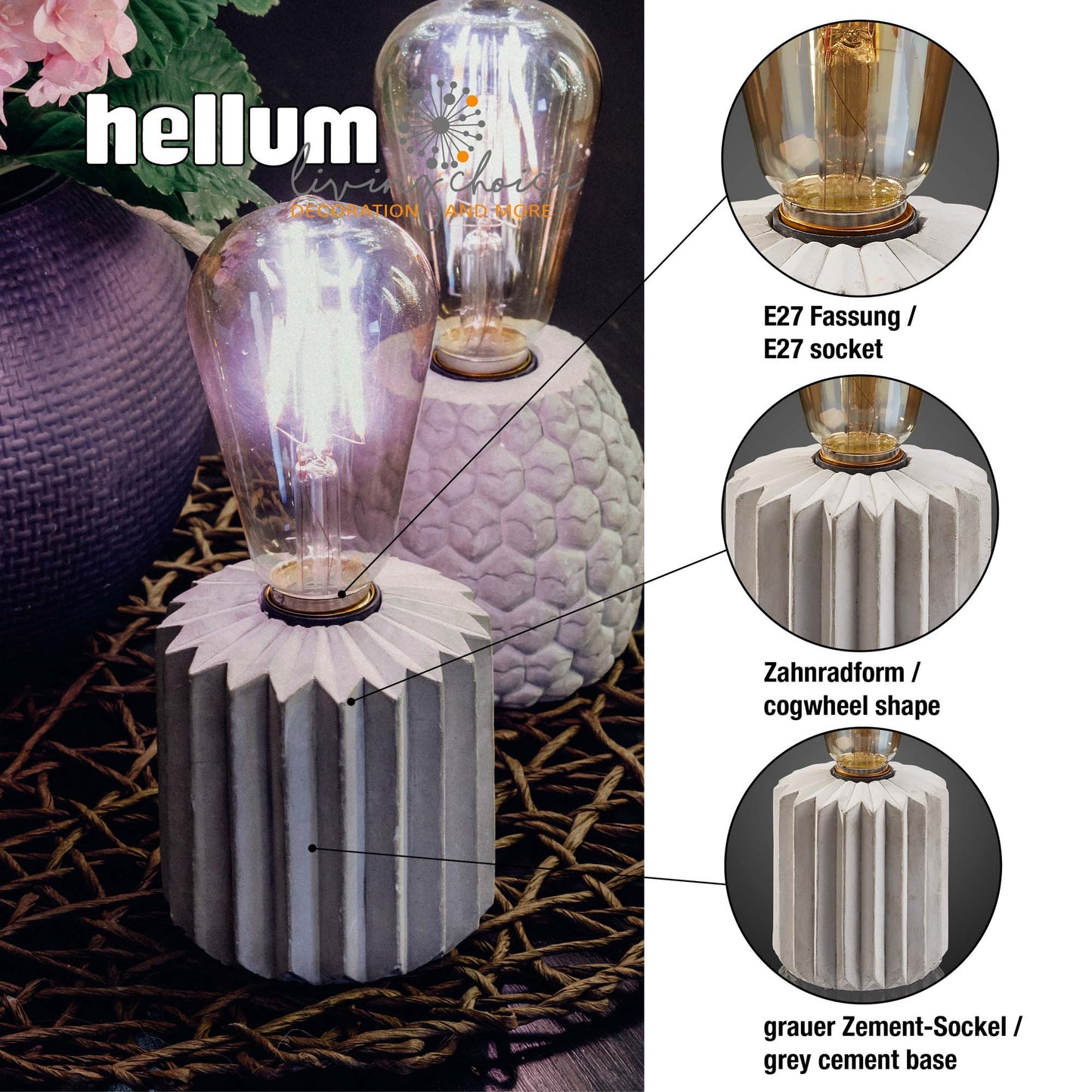 Tisch-Lampe "Zahnrad" mit Zement-Sockel, LED-Filament-Lampe, 6h Timer, batteriebetrieben