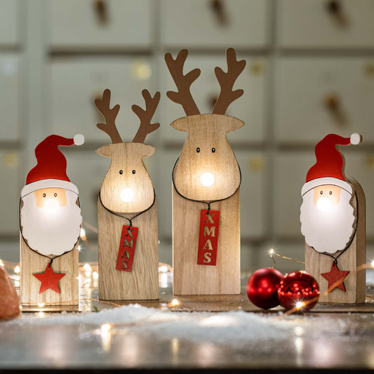 LED-Holz-Weihnachtsmann mit leuchtender Nase, 1 LED ww, mit 6 h Timer, batteriebetrieben