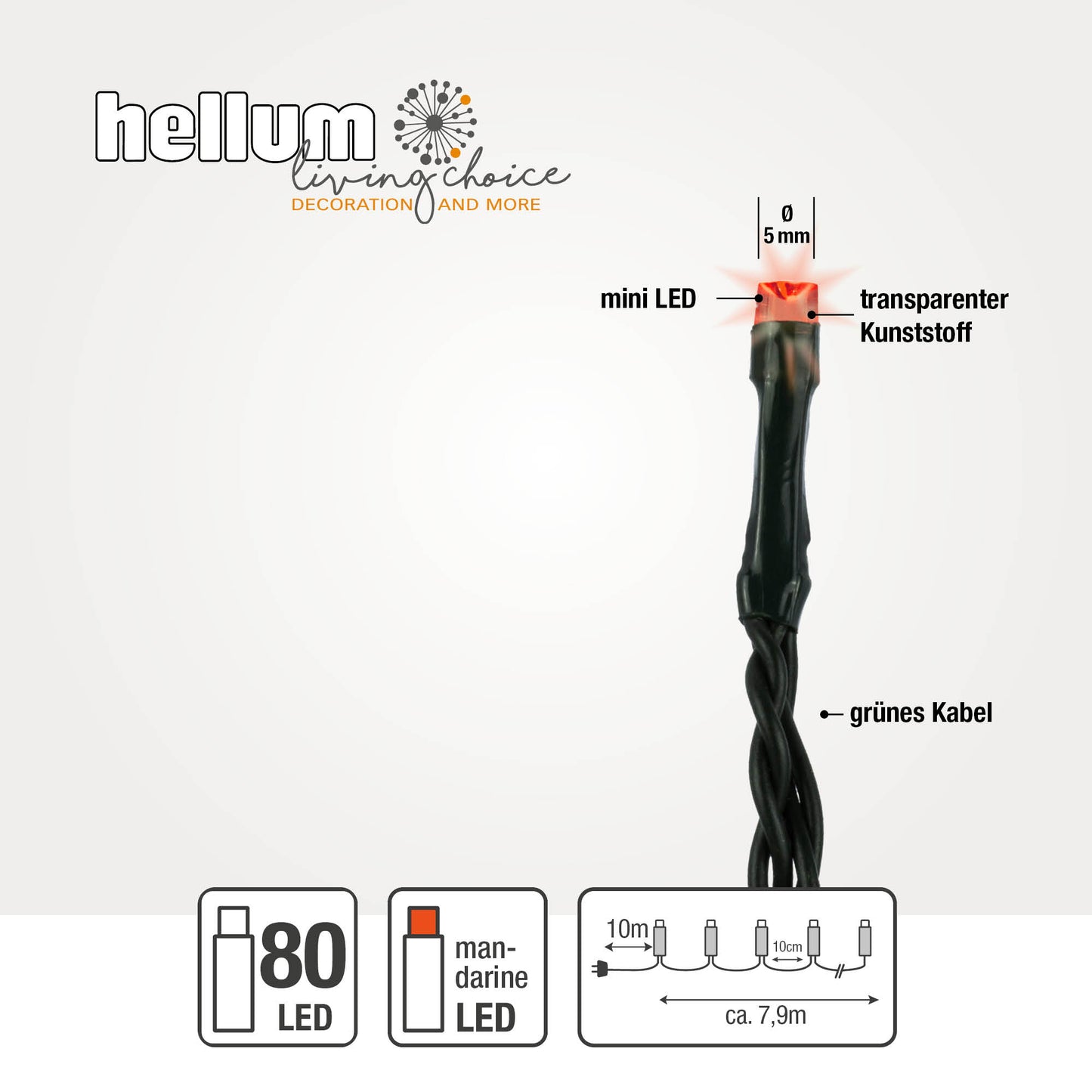 Hellum LED Lichterkette, 80 LEDs, mandarinfarben, beleuchtet 7,90m, für außen 150032