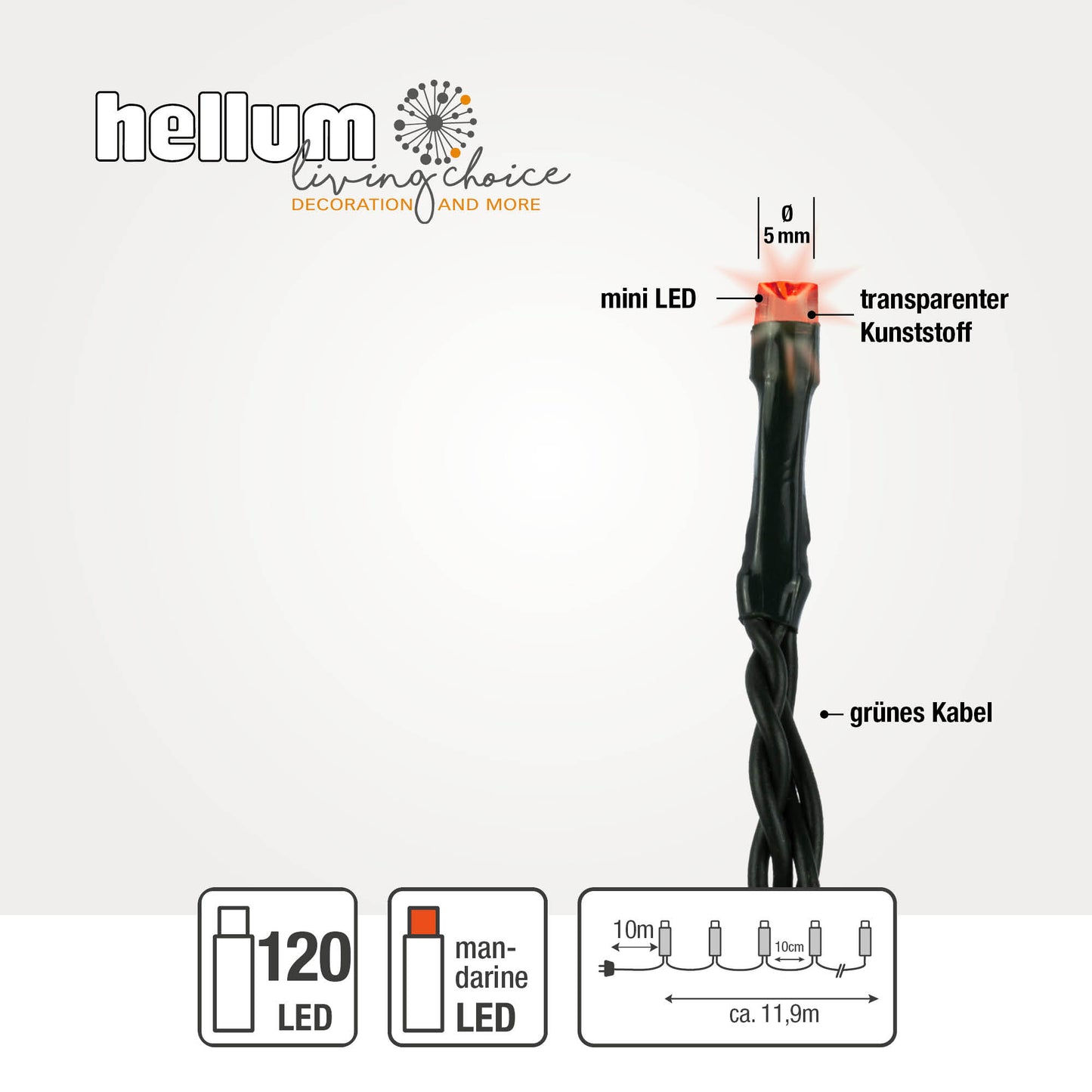 Hellum LED Lichterkette, 120 LEDs, mandarinfarben, beleuchtet 11,90m, für außen, mit Timer 150049