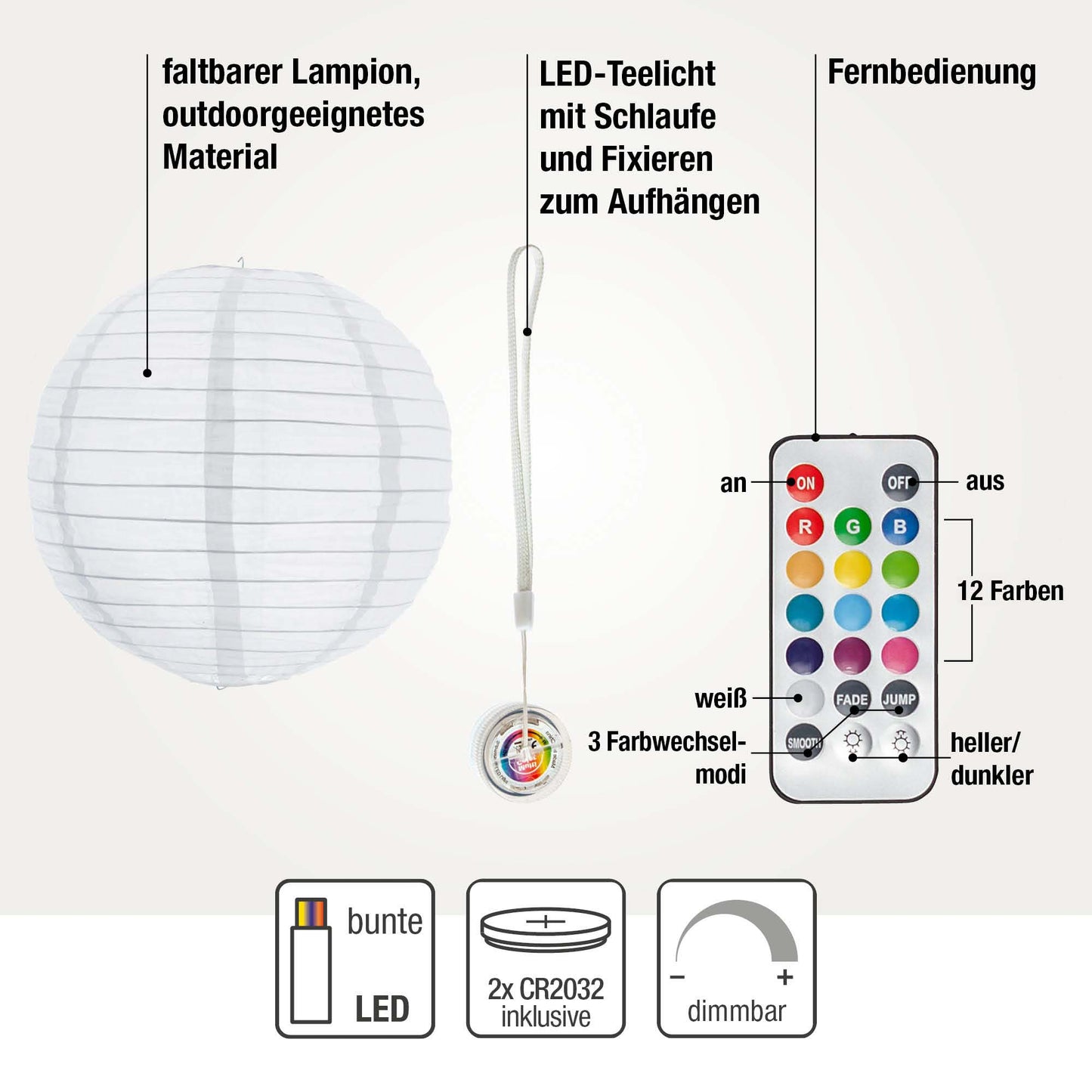 10er LED Lampions außen mit Fernbedienung,12 Farben, dimmbar Ø30cm mit Batterie