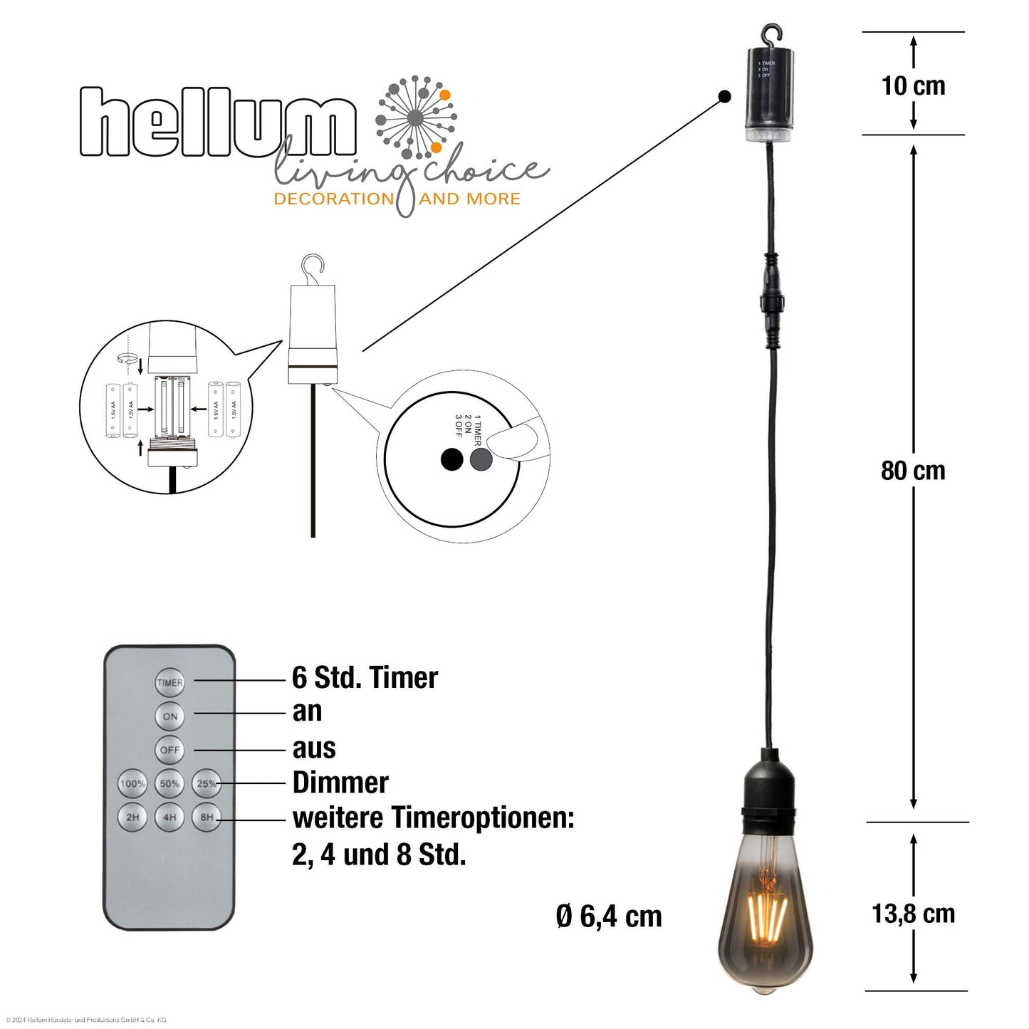 LED-Filament Vintage-Lampe,Ø6,4 * 13,8 cm,  "Smokey", mit Fernbedienung und Timer, batteriebetrieben