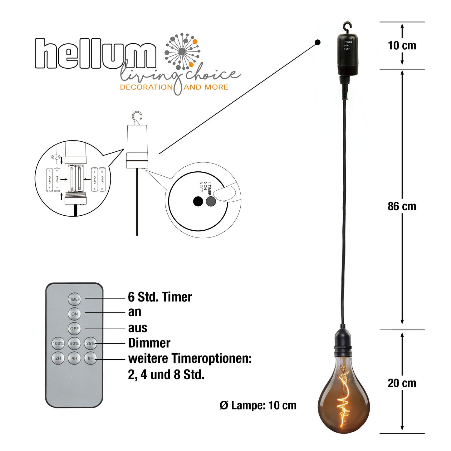 LED-Filament Vintage-Lampe,Ø10 * 20 cm,  "Smokey", mit Fernbedienung und Timer, batteriebetrieben