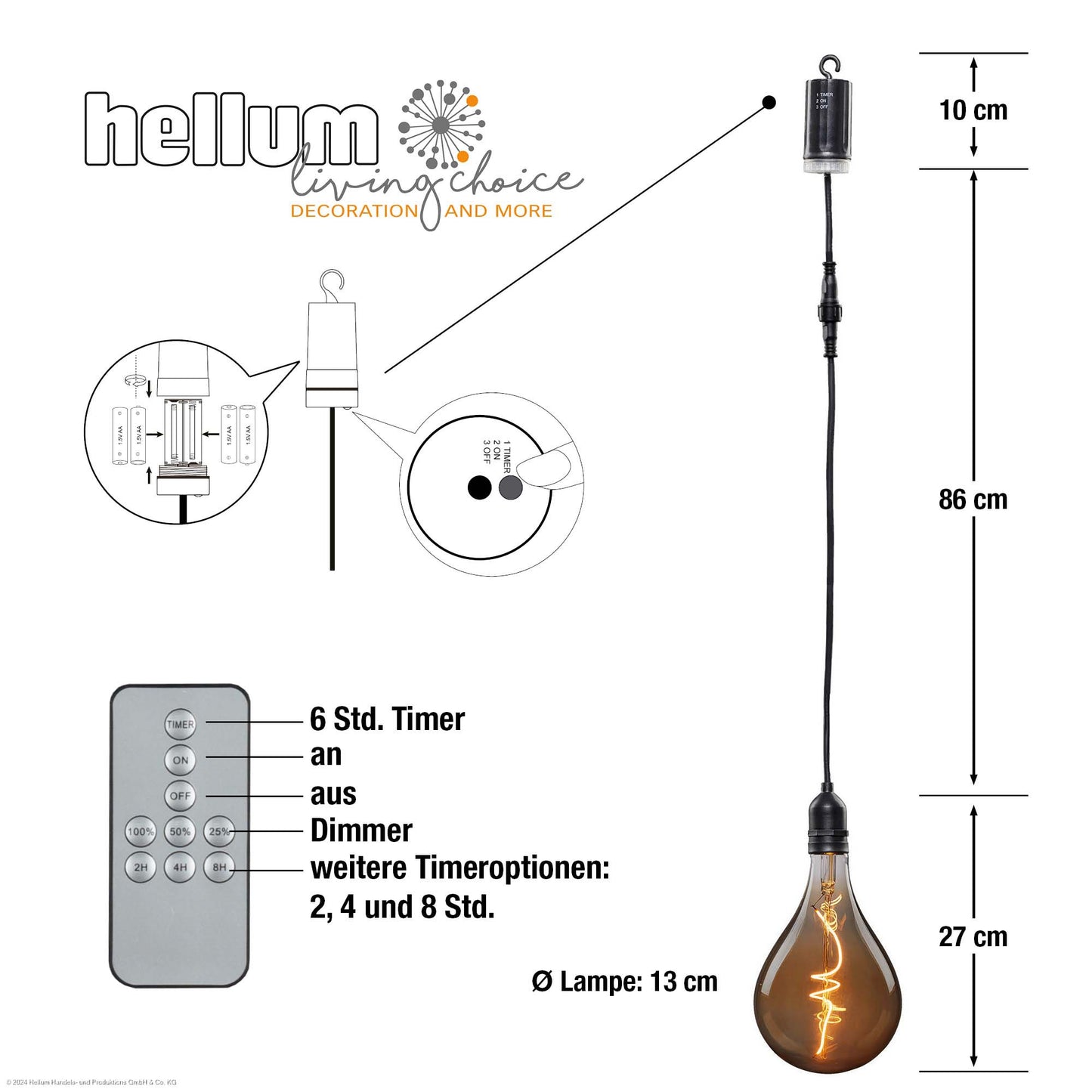 LED-Filament Vintage-Lampe,Ø13 * 27 cm,  "Smokey", mit Fernbedienung und Timer, batteriebetrieben