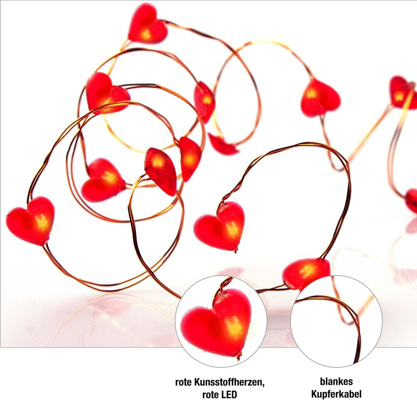 Hellum LED Herzlichterkette rot, 20 LEDs, beleuchtet 1,05 m, Batteriebetrieb, 2-er Set 150612