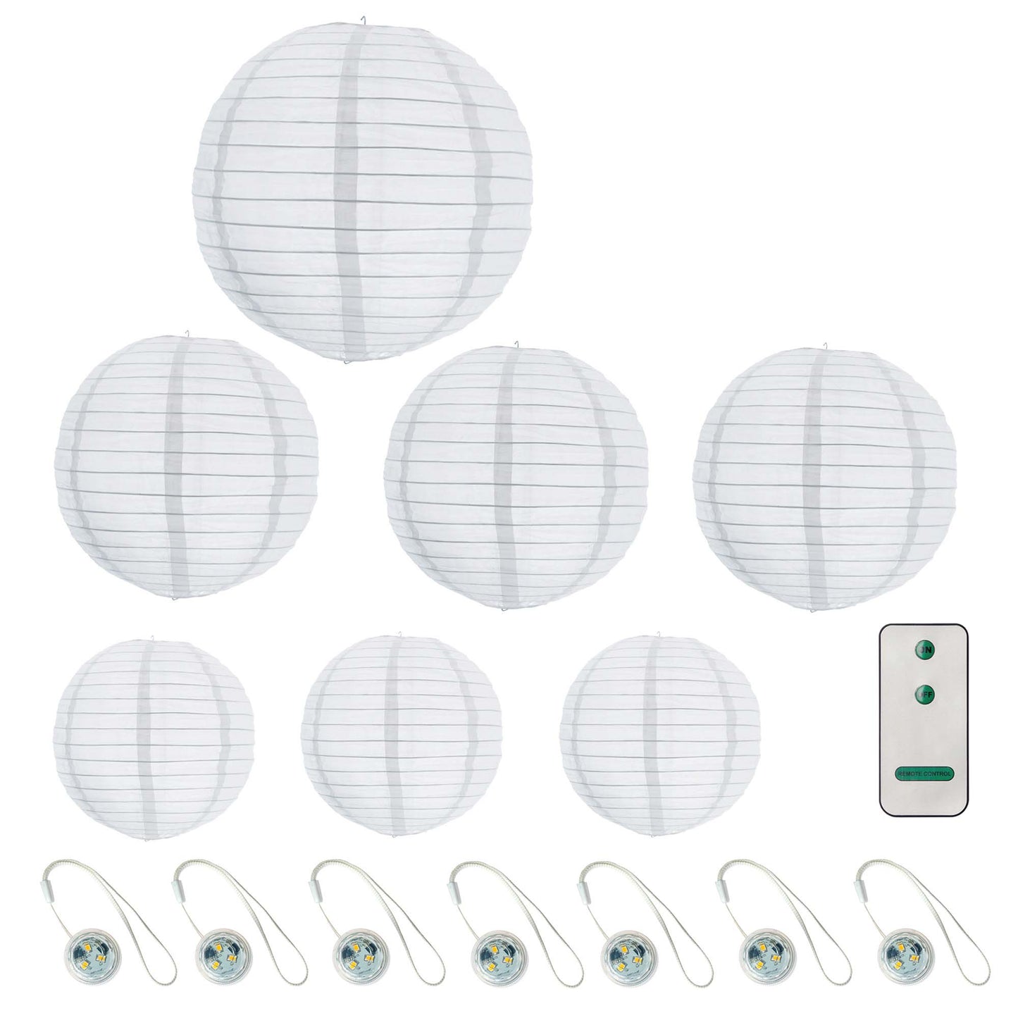 Lampions außen warmweiß 7er Set mit Batterie und Fernbedienung 1x30 / 3x25 / 3x20cm 150889