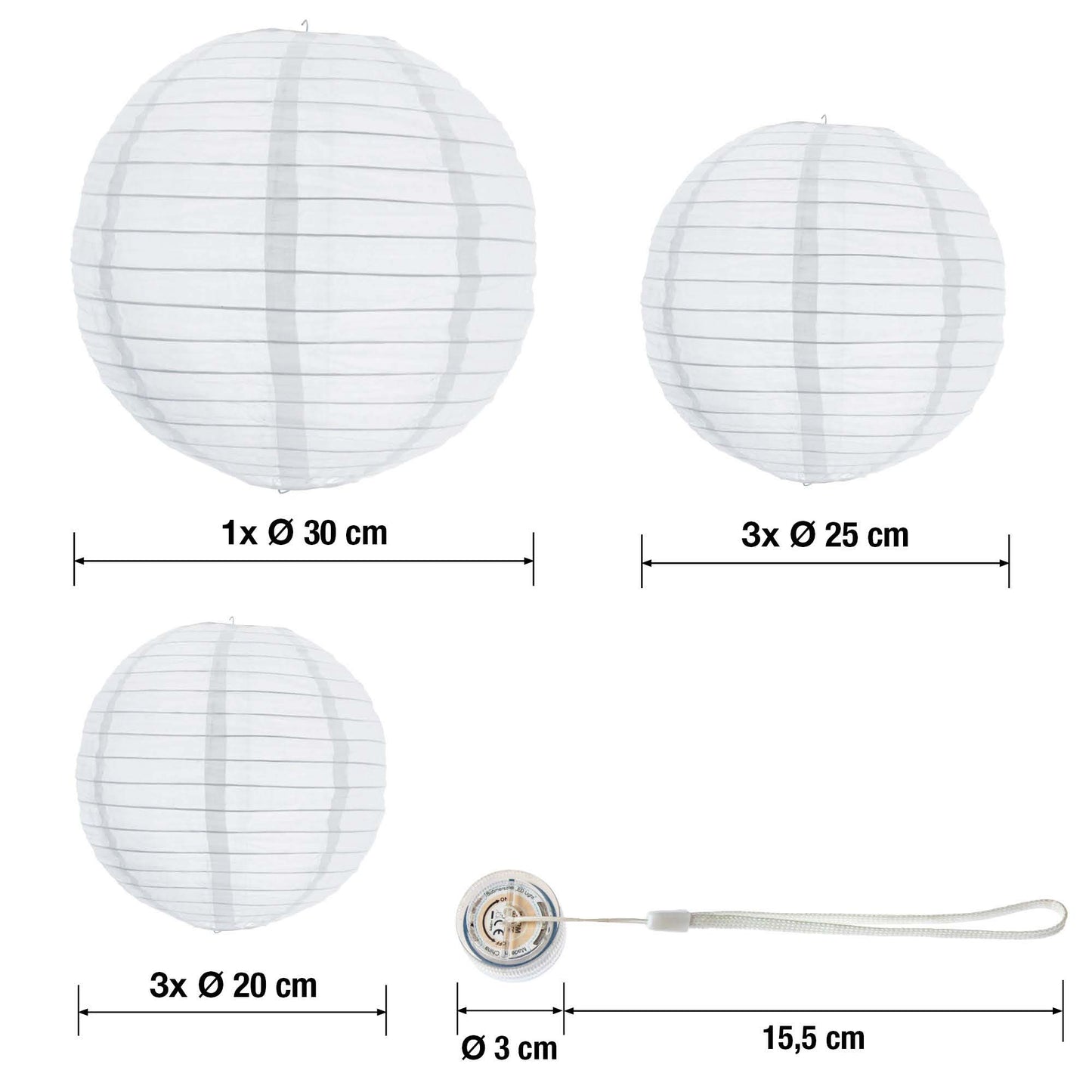 Lampions außen warmweiß 7er Set mit Batterie und Fernbedienung 1x30 / 3x25 / 3x20cm 150889