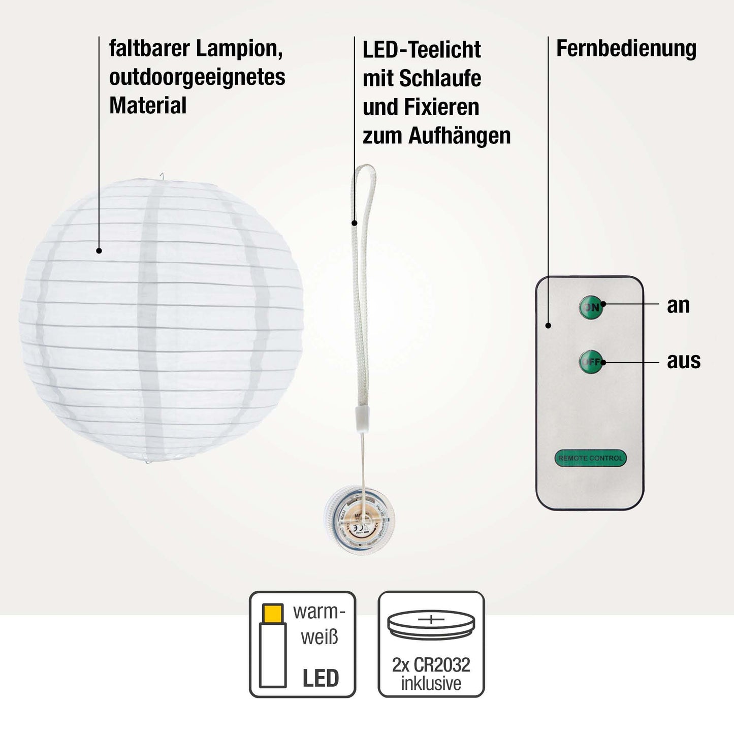 Lampions außen warmweiß 7er Set mit Batterie und Fernbedienung 1x30 / 3x25 / 3x20cm 150889