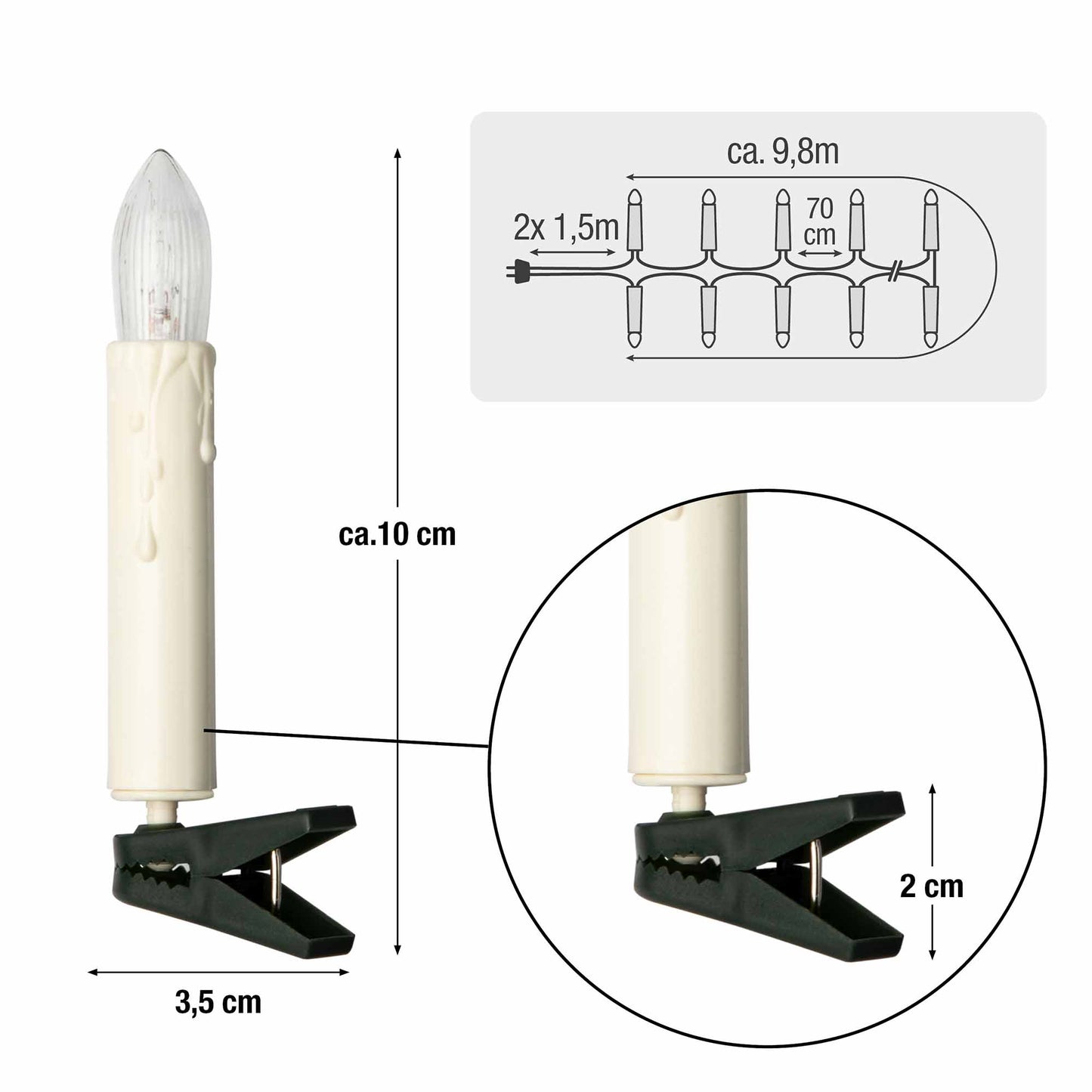 Hellum Weihnachtsbaum Lichterkette Innen – 15 elfenbeinfarbene Kerzen mit Wachstropfenoptik, 9,8m beleuchtet, Clips zur Befestigung