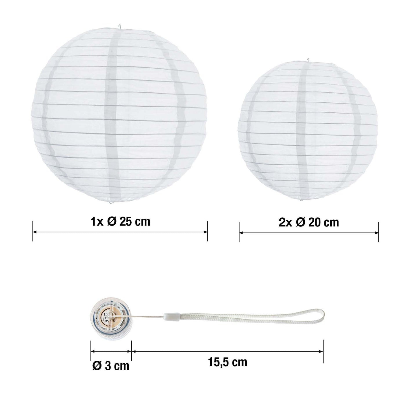 LED Lampions außen 3er Set warmweiß mit Fernbedienung 1x Ø25cm 2x Ø20cm 150957