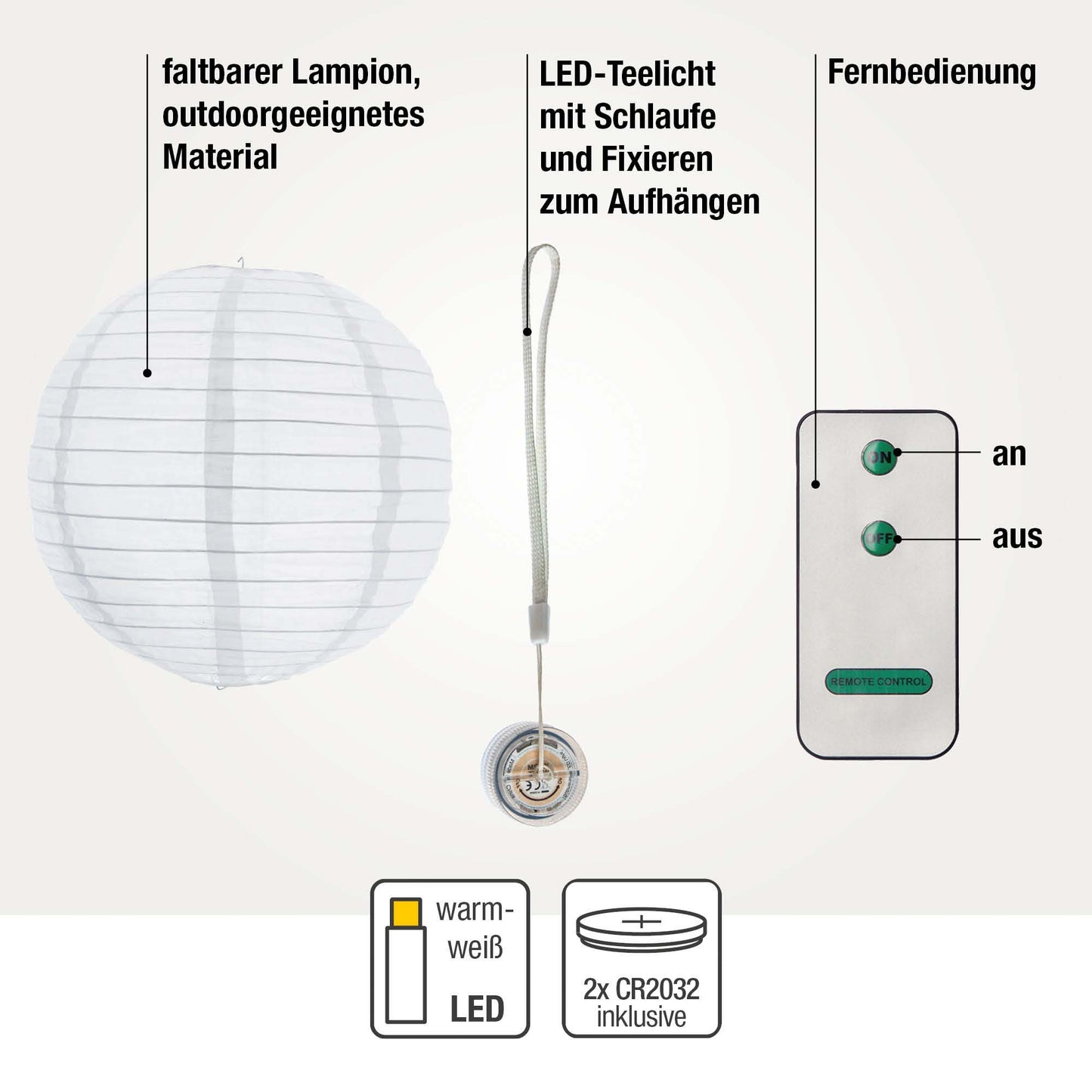 LED Lampions außen 3er Set warmweiß mit Fernbedienung 1x Ø25cm 2x Ø20cm 150957
