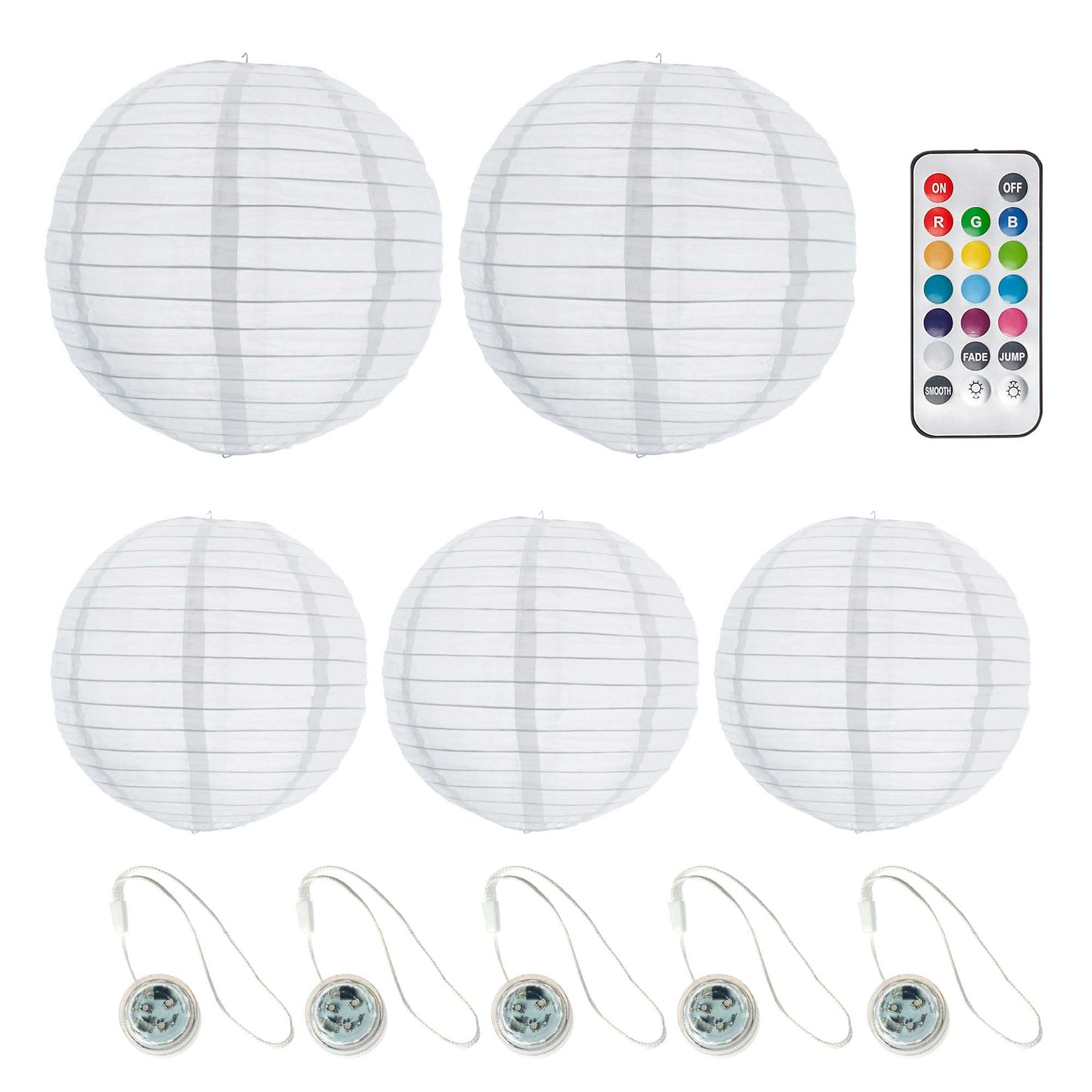 Lampions außen bunt 5er Set mit Batterie und Fernbedienung 2x Ø25cm 3x Ø20cm 150964