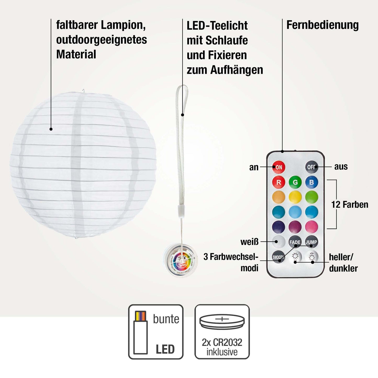Lampions außen bunt 5er Set mit Batterie und Fernbedienung 2x Ø25cm 3x Ø20cm 150964