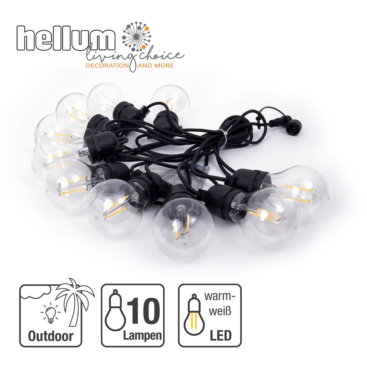 Hellum LED Party Lichterkette außen dimmbar 4,5 m 10 Lampen warmweiß – Erweiterungsset 150995