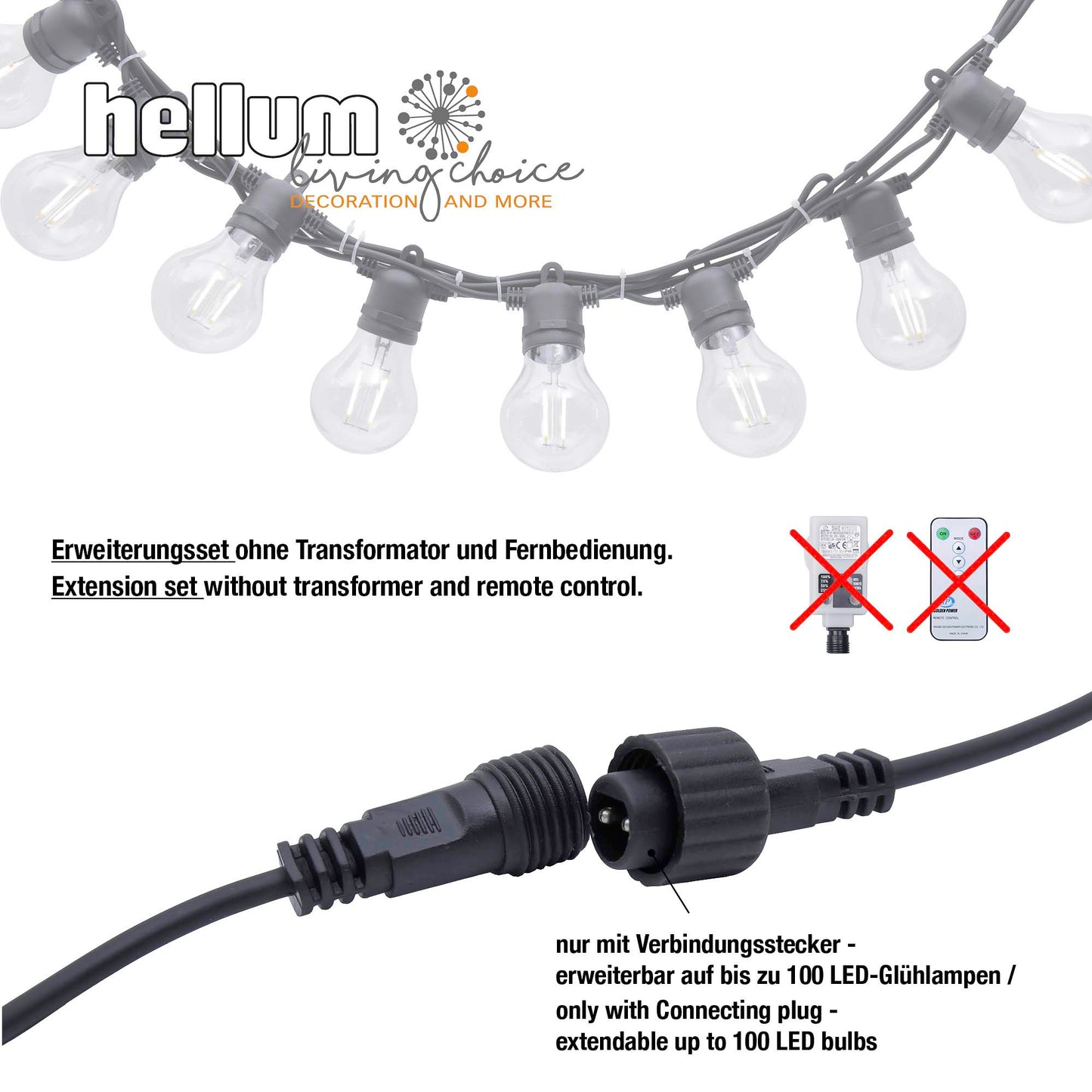 Hellum LED Party Lichterkette außen dimmbar 4,5 m 10 Lampen warmweiß – Erweiterungsset 150995
