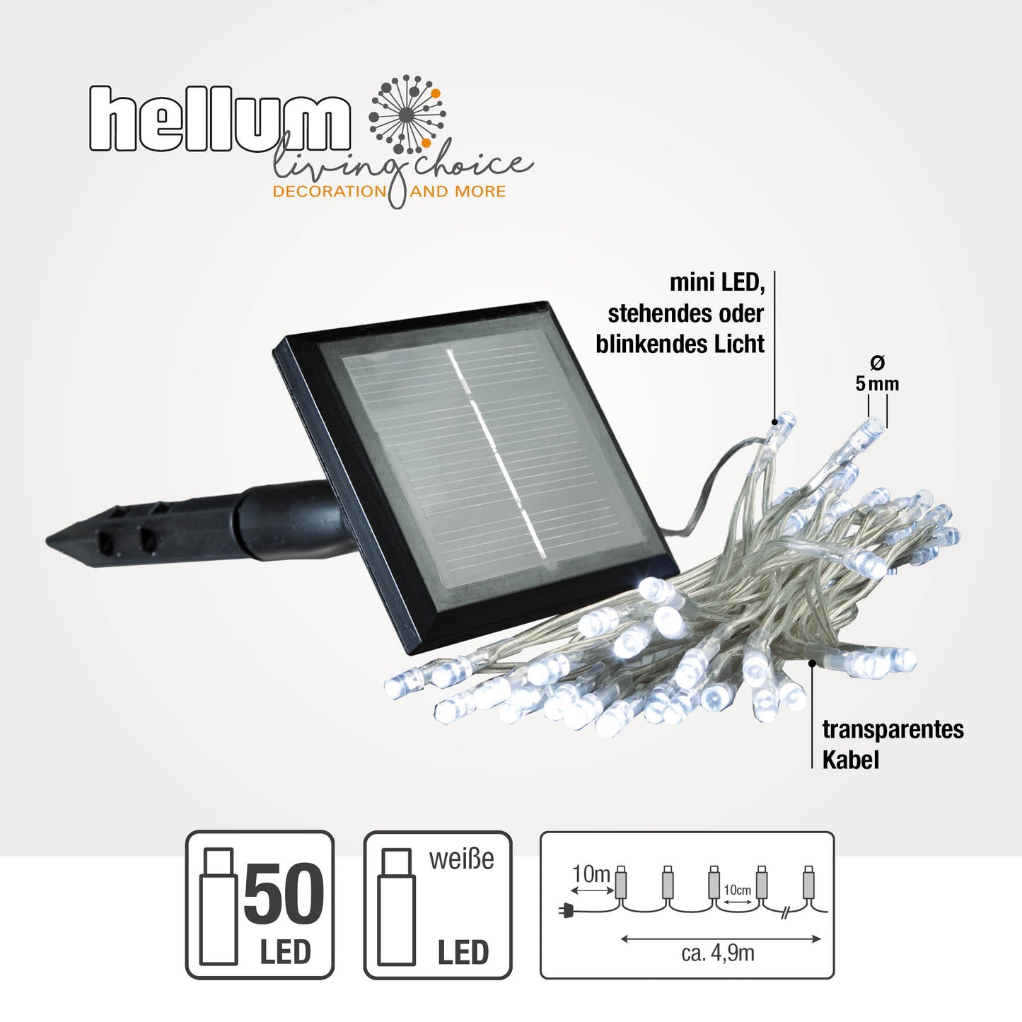Hellum Solarlichterkette, 50 LEDs, kaltweiß, Blinkeffekt, Timer, für außen 151206