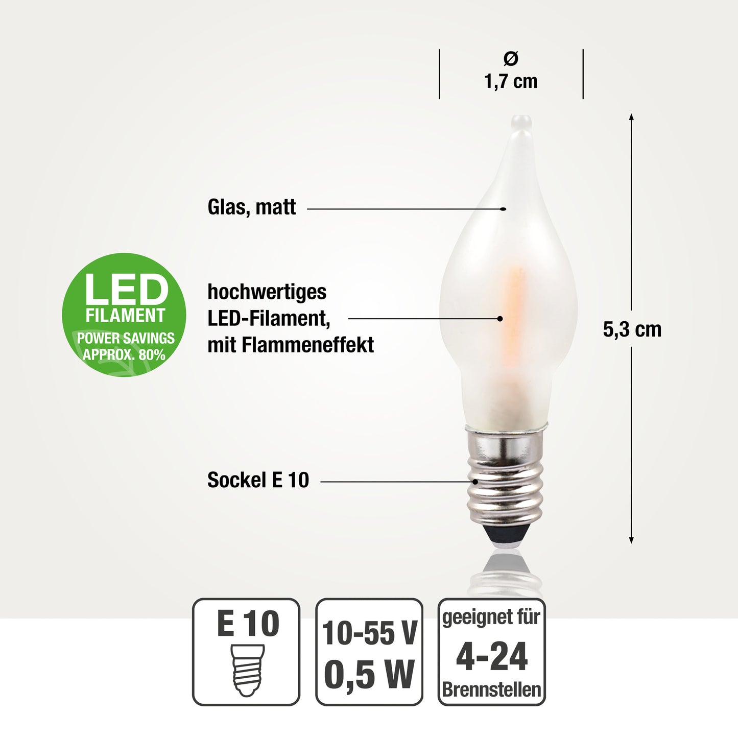 Ersatzkerzen Lichterkette LED-Filament 10-55V 0,5W für Lichterketten & Schwibbogen, 5 Stk Riffelkerzen E10, für 4-24 Brennstellen innen 151305
