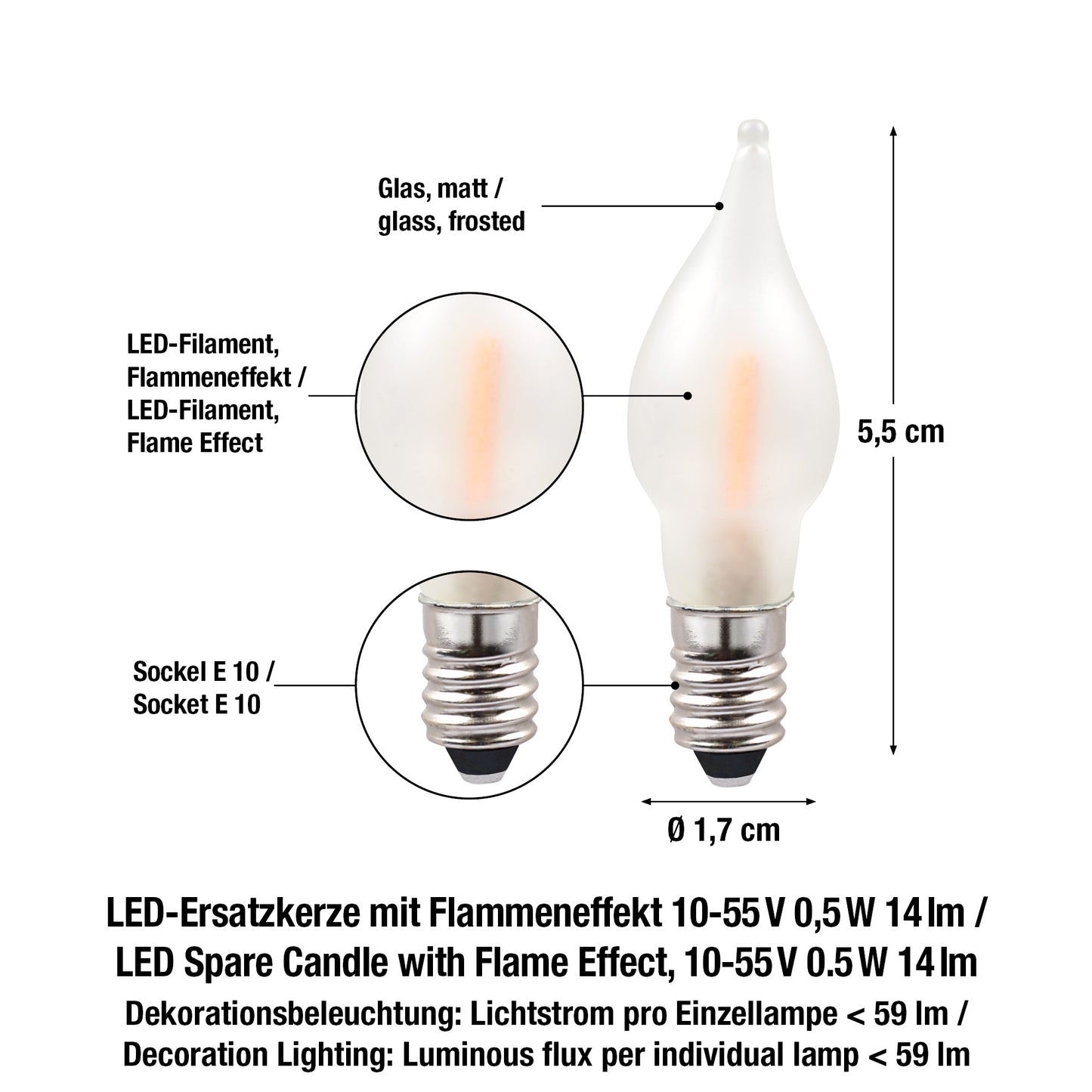 Ersatzkerzen Lichterkette LED-Filament 10-55V 0,5W für Lichterketten & Schwibbogen, 10 Stk Riffelkerzen E10 für 4-24 Brennstellen innen 151312