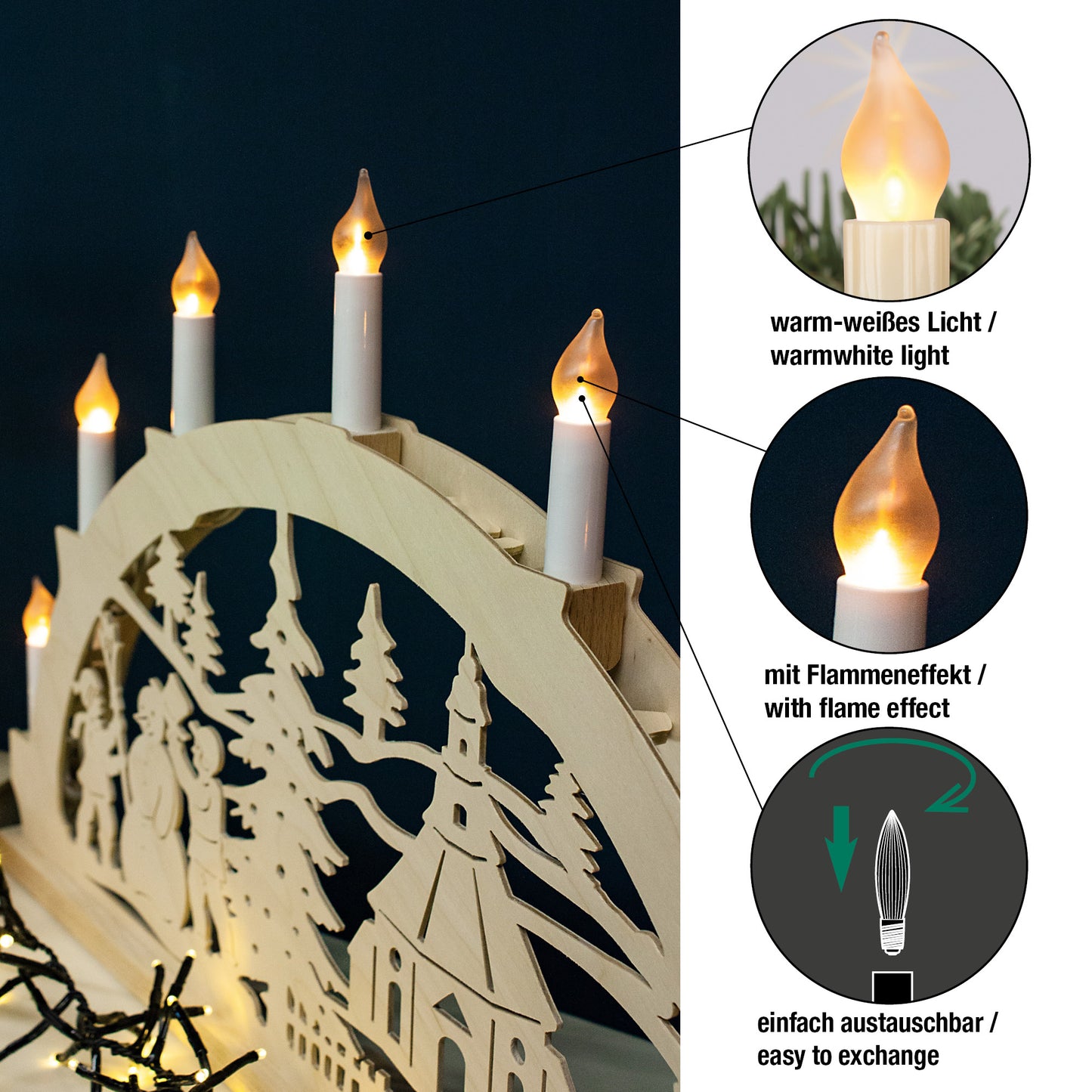 Ersatzkerzen Lichterkette LED-Filament 10-55V 0,5W für Lichterketten & Schwibbogen, 10 Stk Riffelkerzen E10 für 4-24 Brennstellen innen 151312
