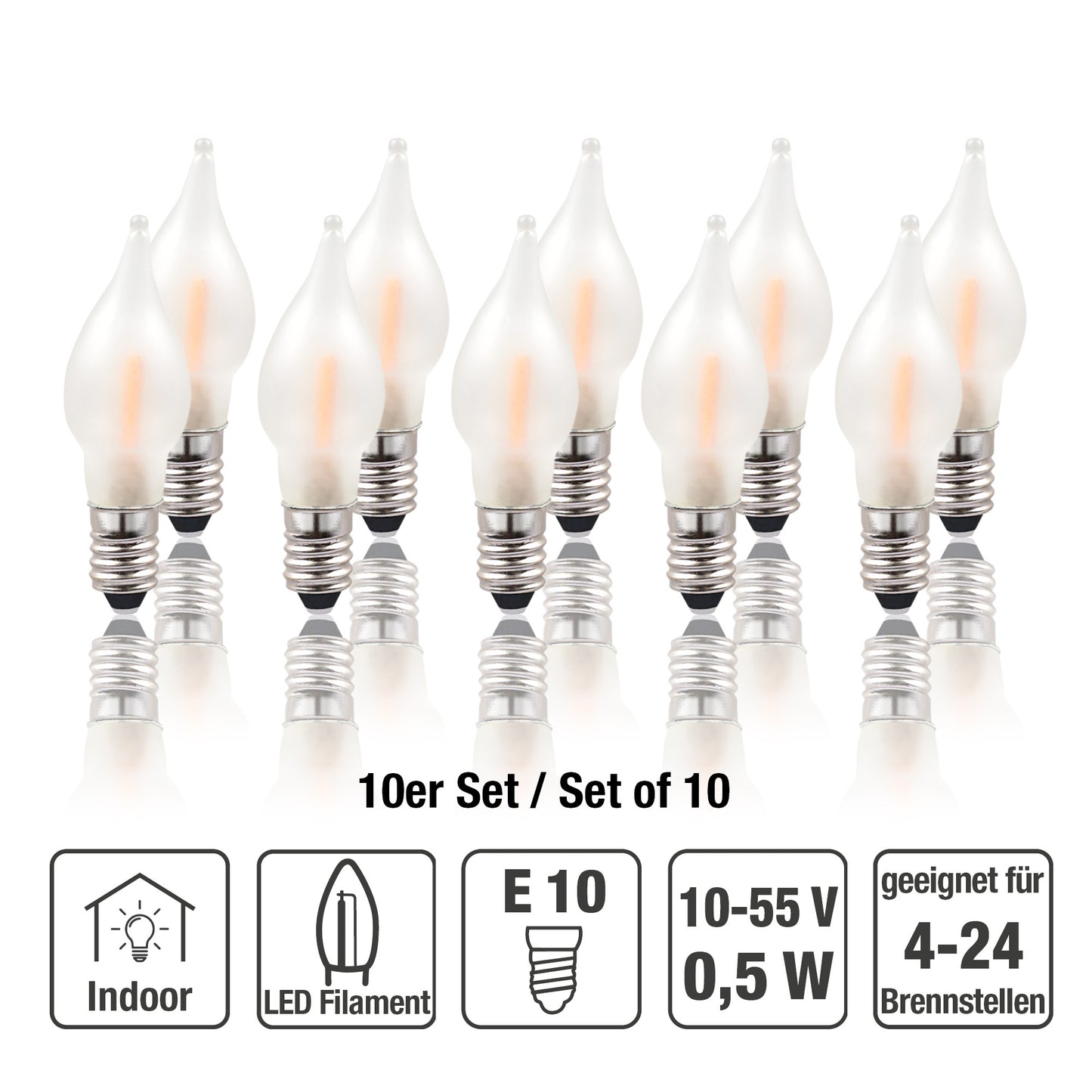 Ersatzkerzen Lichterkette LED-Filament 10-55V 0,5W für Lichterketten & Schwibbogen, 10 Stk Riffelkerzen E10 für 4-24 Brennstellen innen 151312