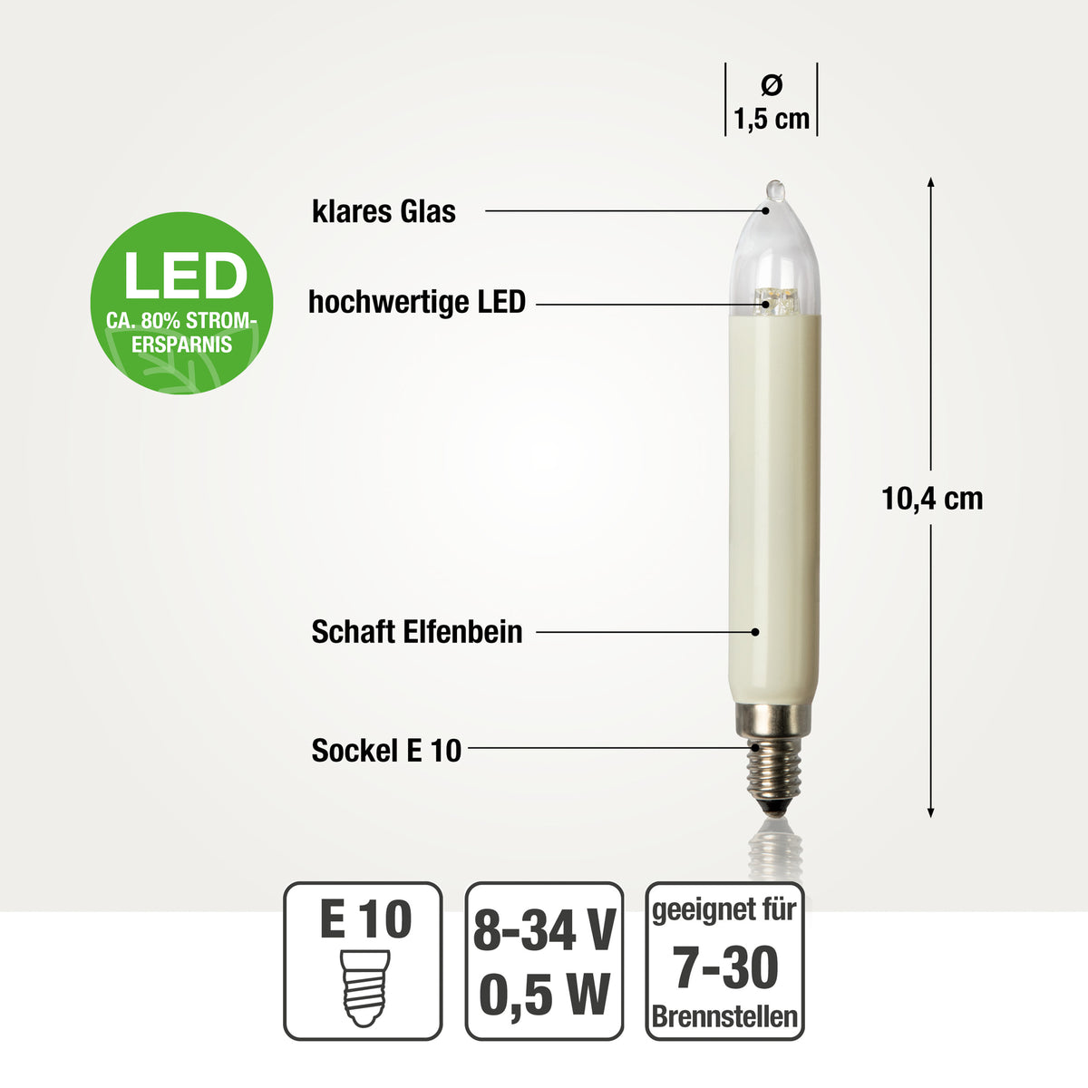 Ersatzkerzen Lichterkette LED 8-34V 0,5W für Lichterketten & Schwibbogen, 5  Stk Schaftkerzen E10 für 7-30 Brennstellen innen & außen 151343