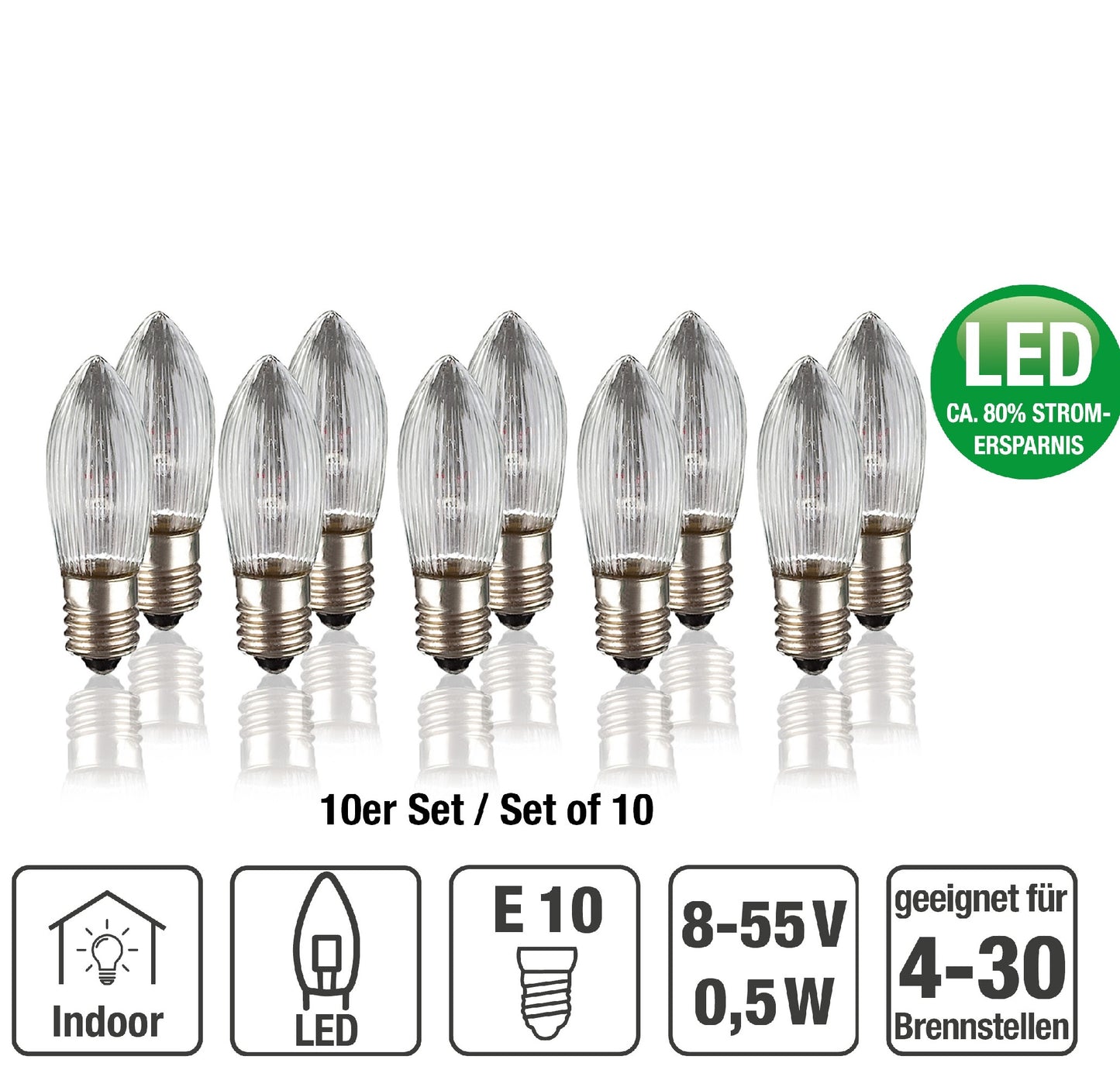 Ersatzkerzen Lichterkette LED 8-55V 0,5W für Lichterketten & Schwibbogen, 10 Stk Riffelkerzen E10 für innen 151350