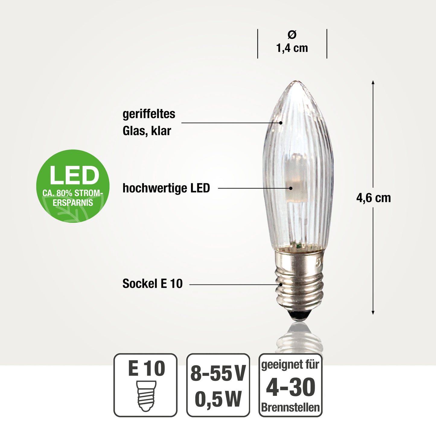 Ersatzkerzen Lichterkette LED 8-55V 0,5W für Lichterketten & Schwibbogen, 10 Stk Riffelkerzen E10 für innen 151350