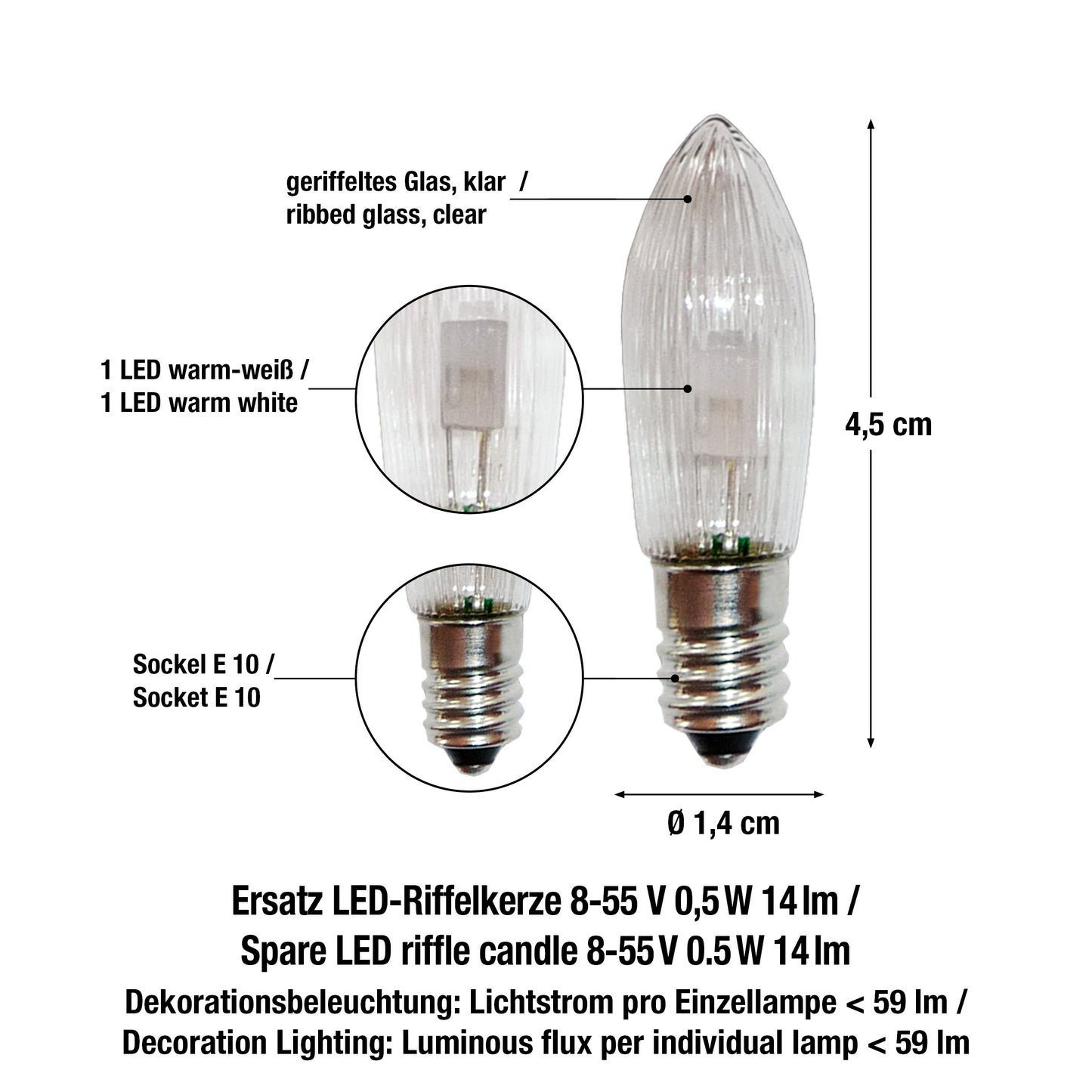 Ersatzkerzen Lichterkette LED 8-55V 0,5W für Lichterketten & Schwibbogen, 10 Stk Riffelkerzen E10 für innen 151350
