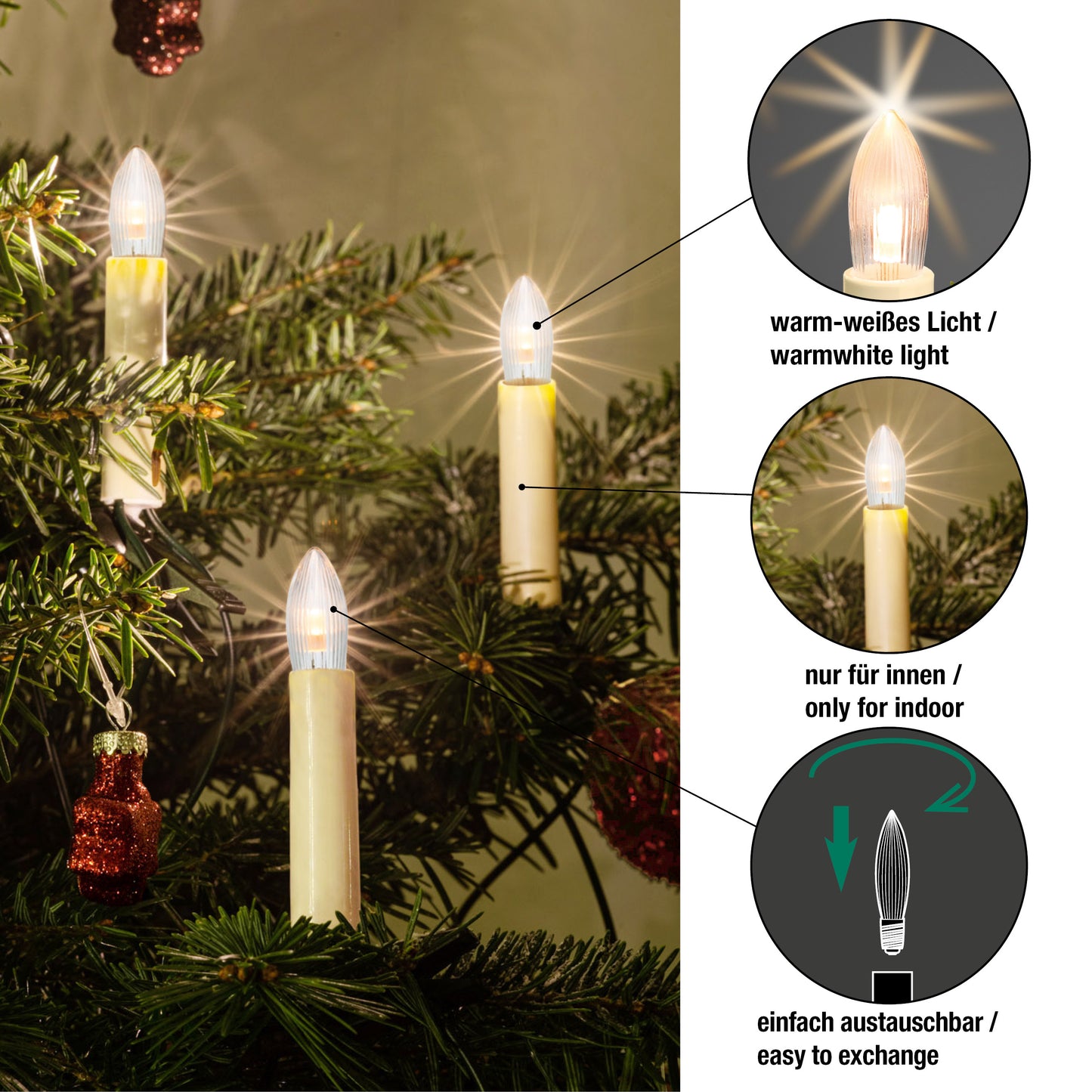 Ersatzkerzen Lichterkette LED 8-55V 0,5W für Lichterketten & Schwibbogen, 10 Stk Riffelkerzen E10 für innen 151350