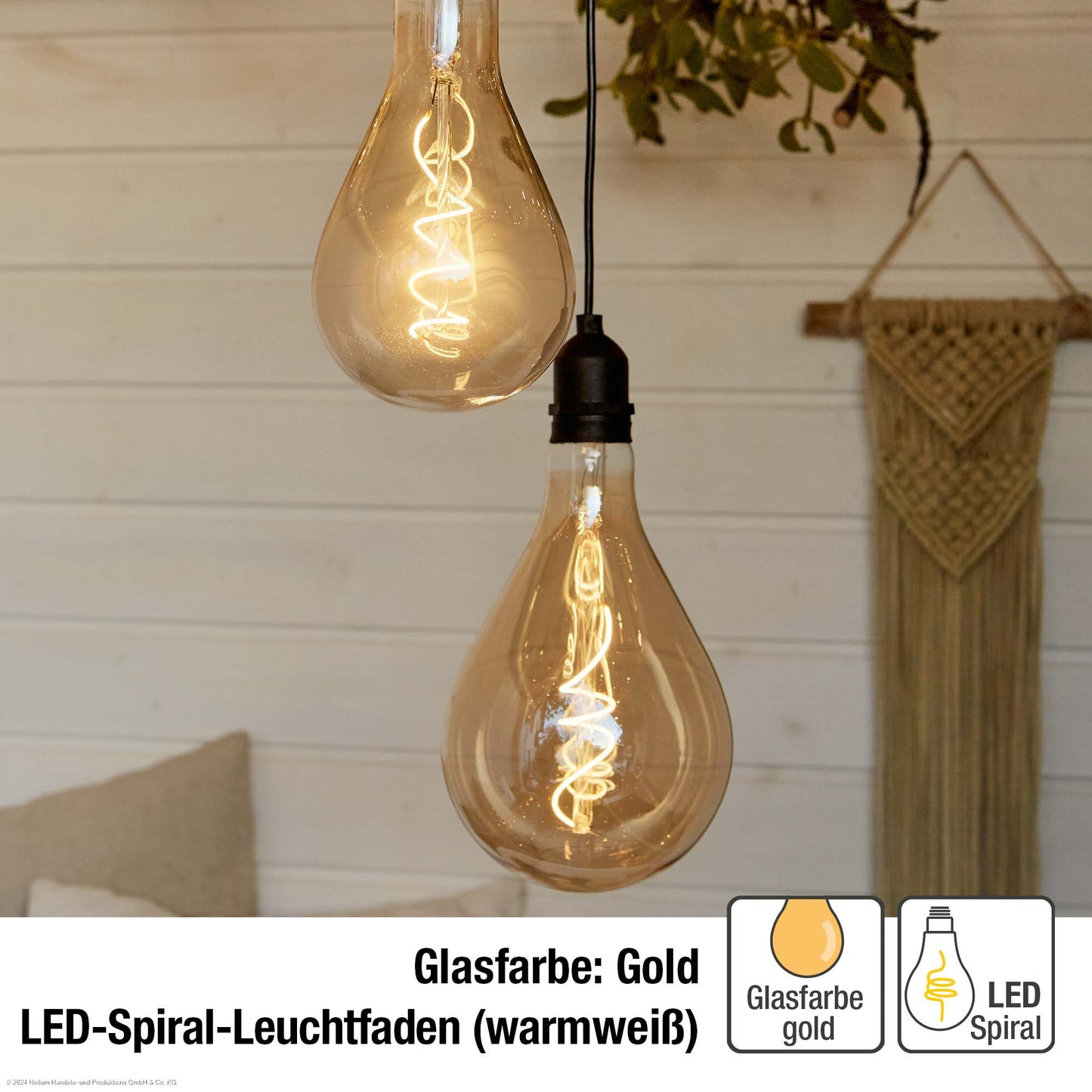 2er Set LED Vintage-Hängelampe, goldfarbene Lampe mit LED-Spiral-Strang, A100, 10x20 cm, batteriebetrieben, für außen 524376