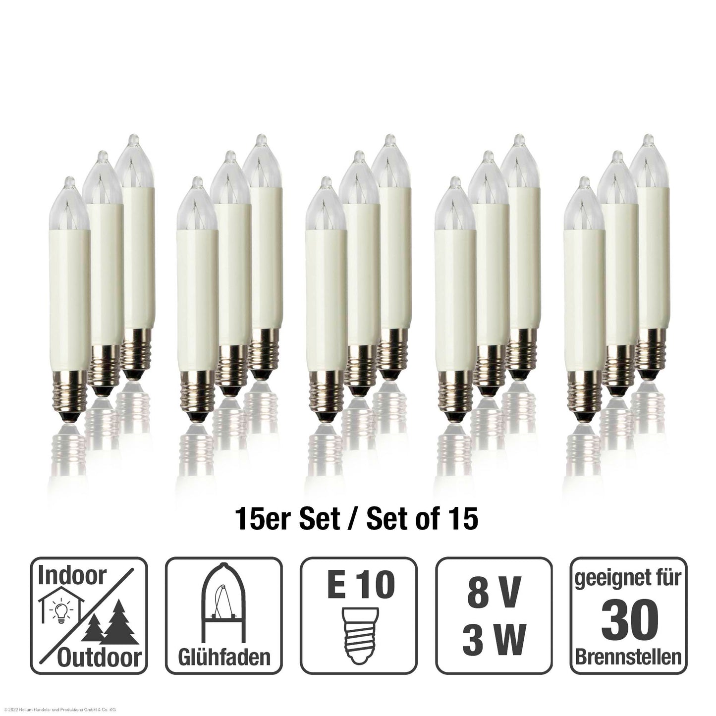 Ersatzkerzen Lichterkette 8V 3W für Lichterketten & Schwibbogen, 15 Stk Kleinschaftkerzen E10 für 30 Brennstellen innen & außen 151374